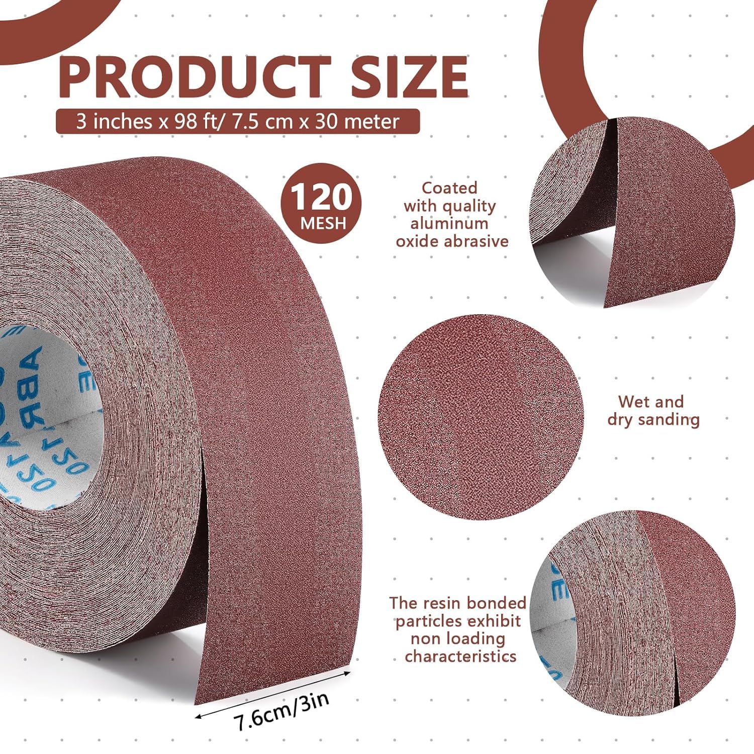 Rotolo abrasivo grana 120 – Carta abrasiva in tela smerigliata, 75 mm x 30 m, ossido di alluminio, nastro levigatrice continua per levigatura legno metallo mobili a secco e ad acqua