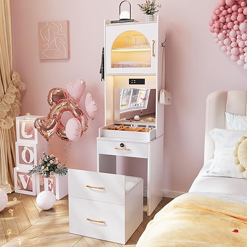 Miniatura 16 de NUNU LAB Tocador de maquillaje con espejo y luces, mesa de tocador blanca con estación de carga, tocador de maquillaje con gabinetes RGB y 7 2-043