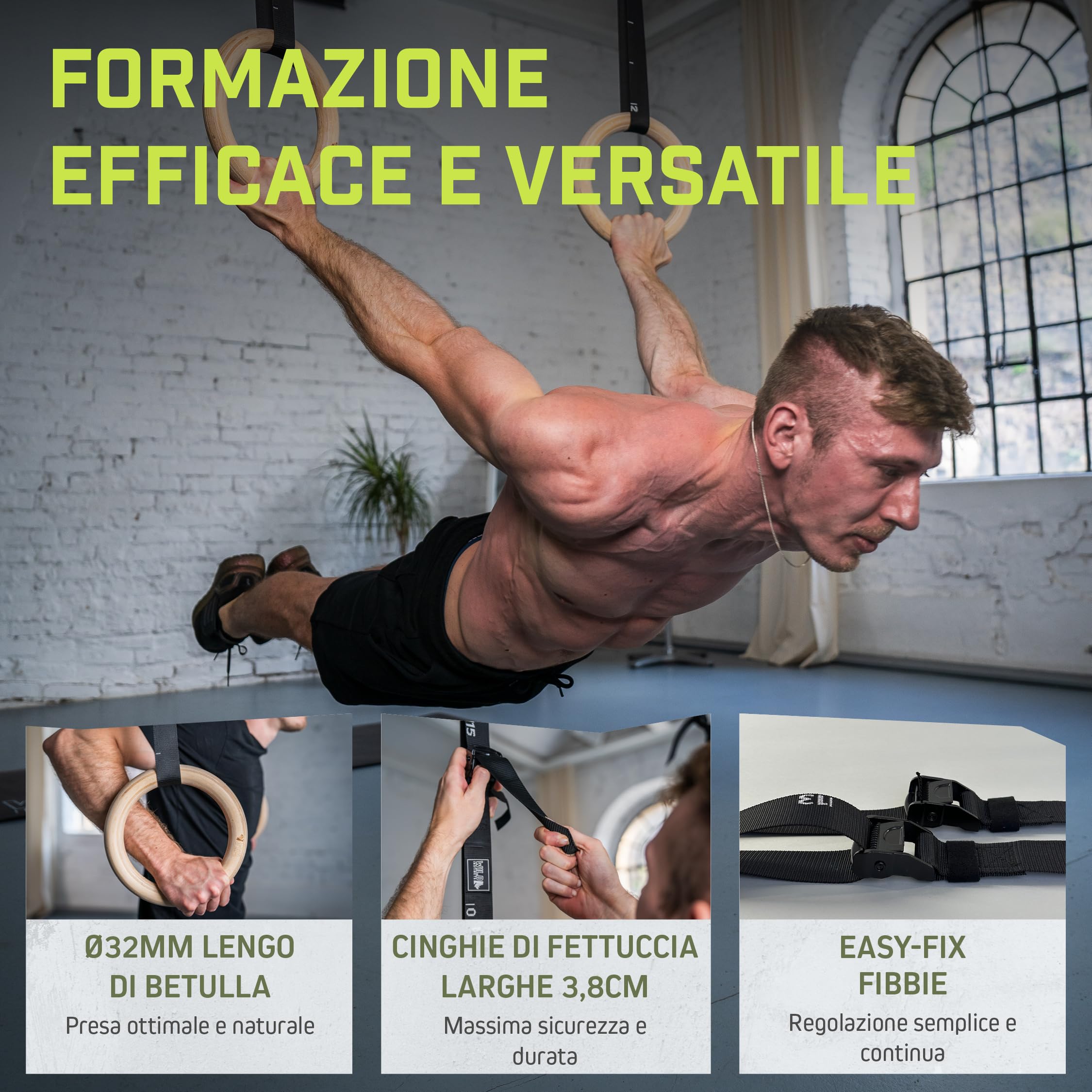 Wild Instincts Anelli da Ginnastica in Legno (28 & 32mm) | Anelli Calisthenics | Anelli Palestra con Cinghie e Borsa | Anelli Legno | Anelli Ginnastica Legno per Fitness & Calisthenics