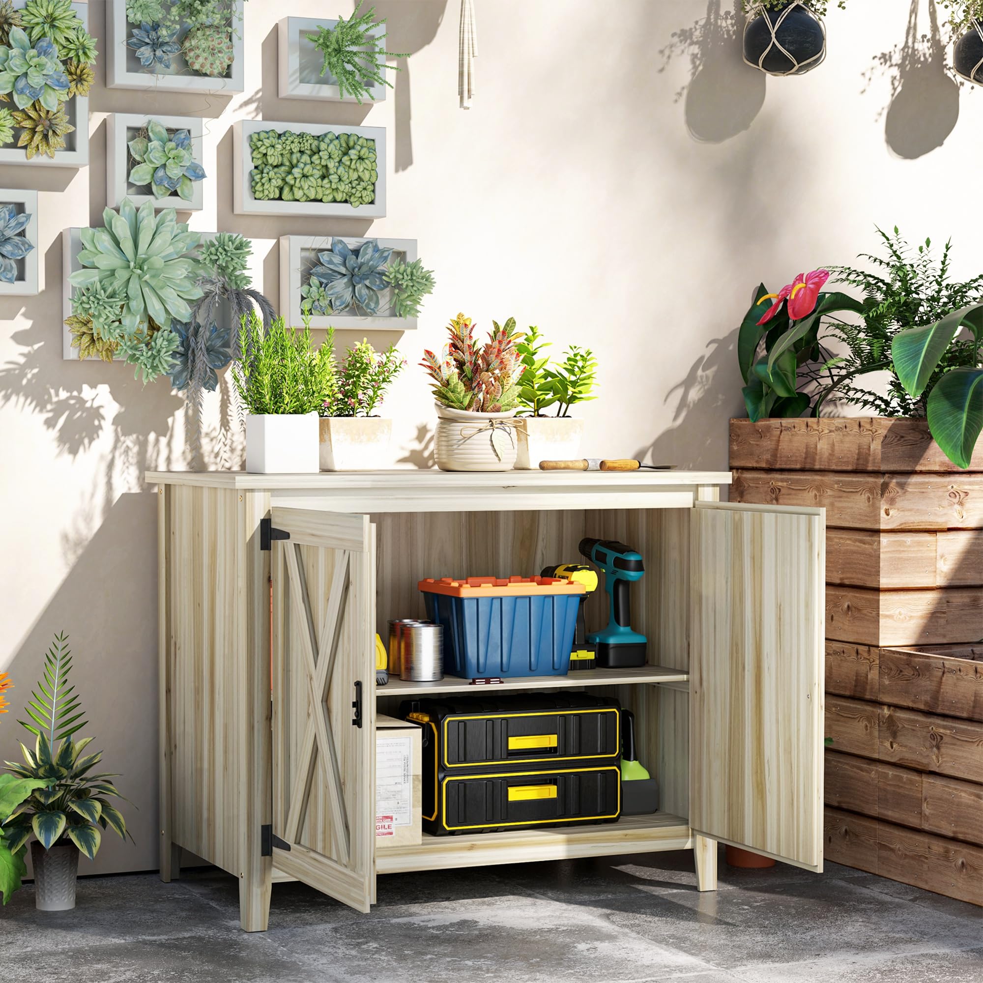 Outsunny Armoire de Jardin en Bois Étagères 110 x 60 x 88,5 cm Naturel | Double Portes, Placard de Jardin, Armoire à Outils