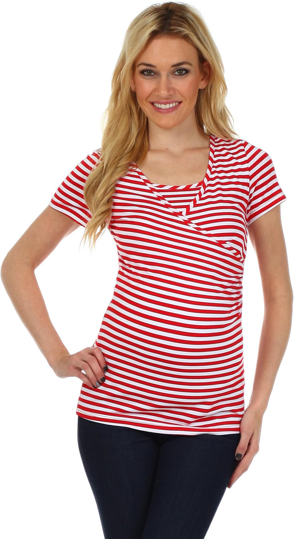 Striped Crossover Dual Maternity Nursing Top Short Sleeves