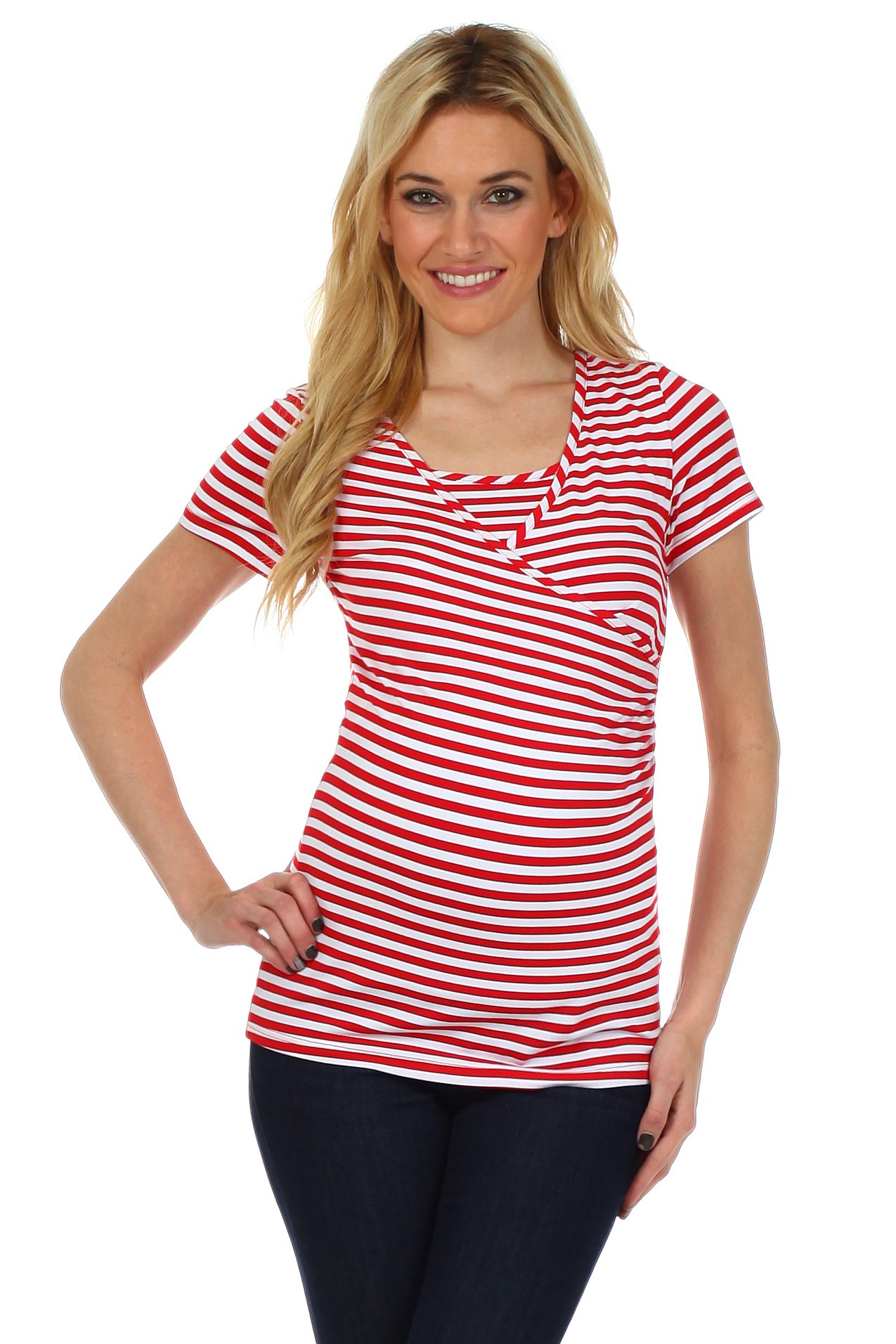 Striped Crossover Dual Maternity Nursing Top Short Sleeves