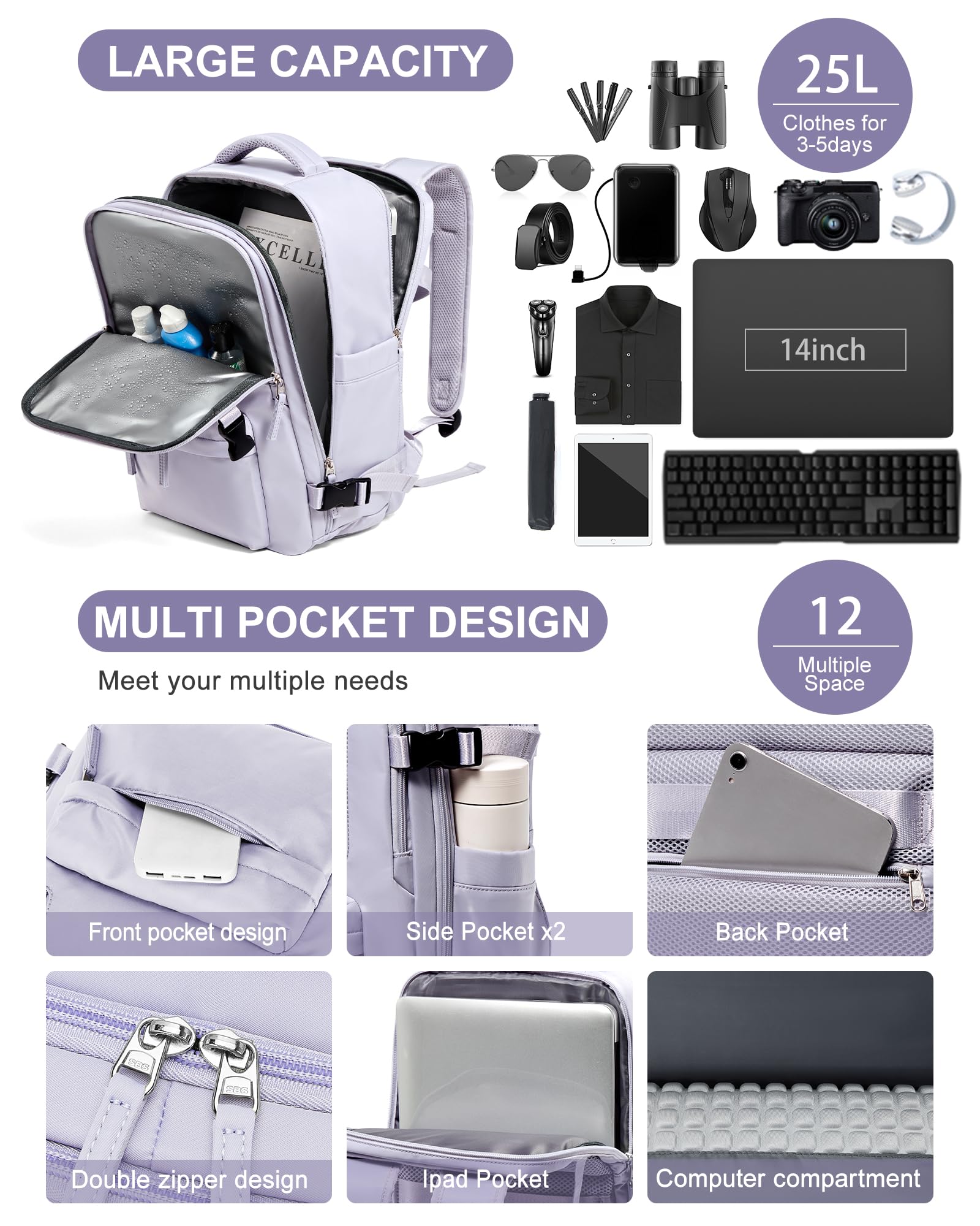 BJLFS Borse da Cabina per Ryanair 40×20×25 Zaino da Viaggio con Sottovuoto Bagaglio a Mano Easyjet 45×36×20,Zaino con sistema di compressione,Zaino Casual per laptop da 14 pollici per scuola