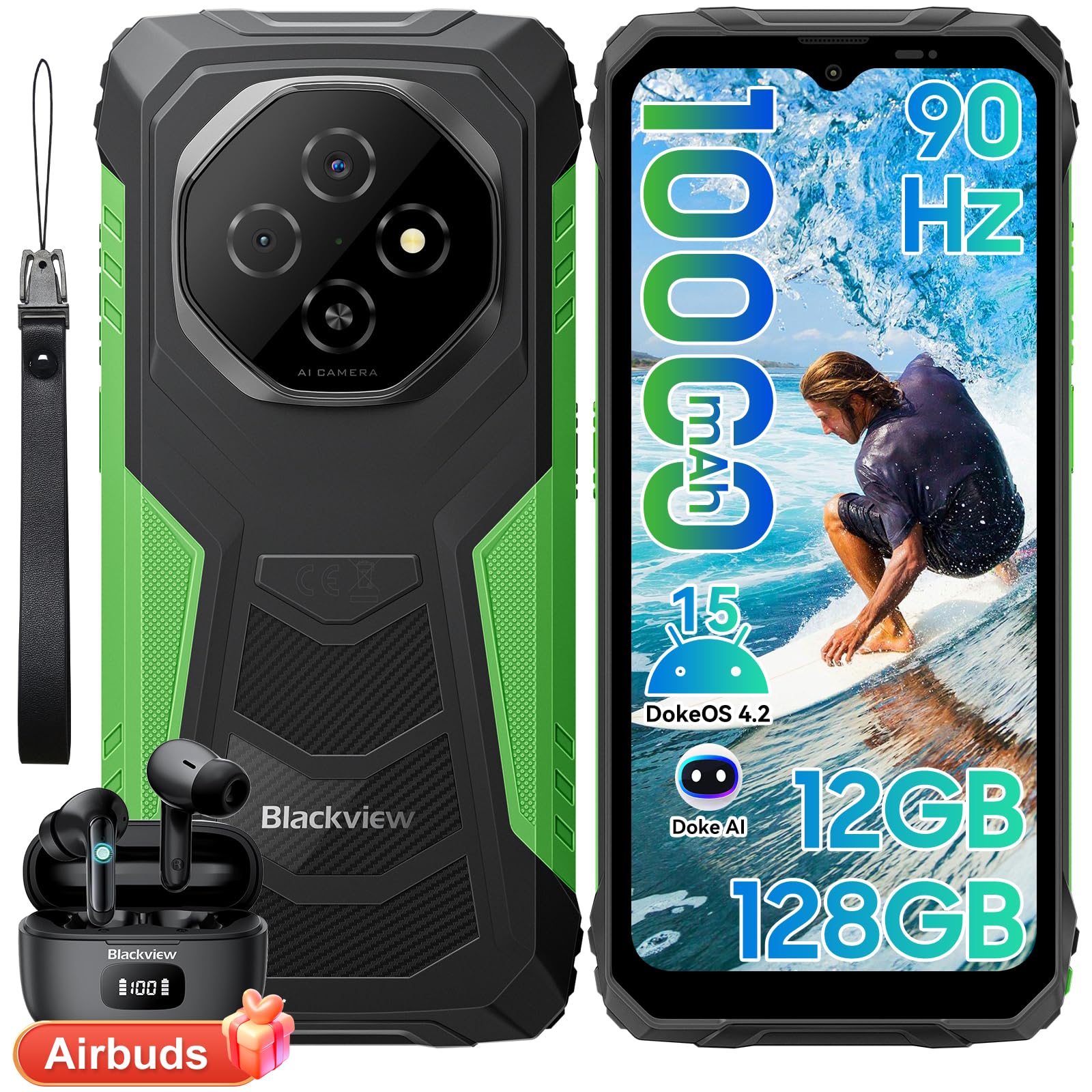 Blackview Fort 1 Rugged Smartphone, Android 15 Celluare Antiurto, Batteria 10000mAh Telefono Indistruttibile, 6.56''HD+, 90Hz, 12(4+8) GB+128GB/2TB TF, IP68/NFC/OTG/Face ID/2 Anni Garanzia