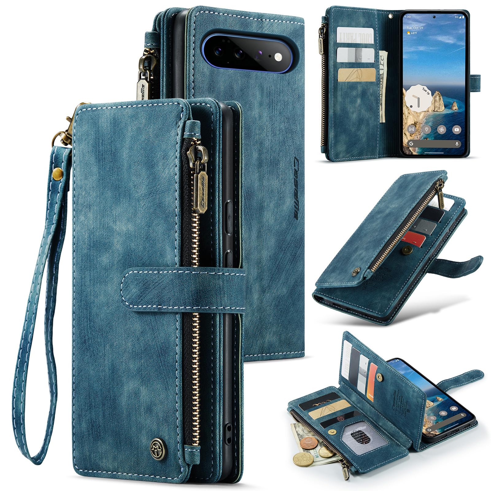 Funda tipo cartera para Google Pixel 11 Pro XL 5G con tarjetero, función | Soporte magnético, bolsillo con cremallera, correa de cordón, funda de piel con tapa para Pixel 11 Pro XL 5G de 6.8 pulgadas