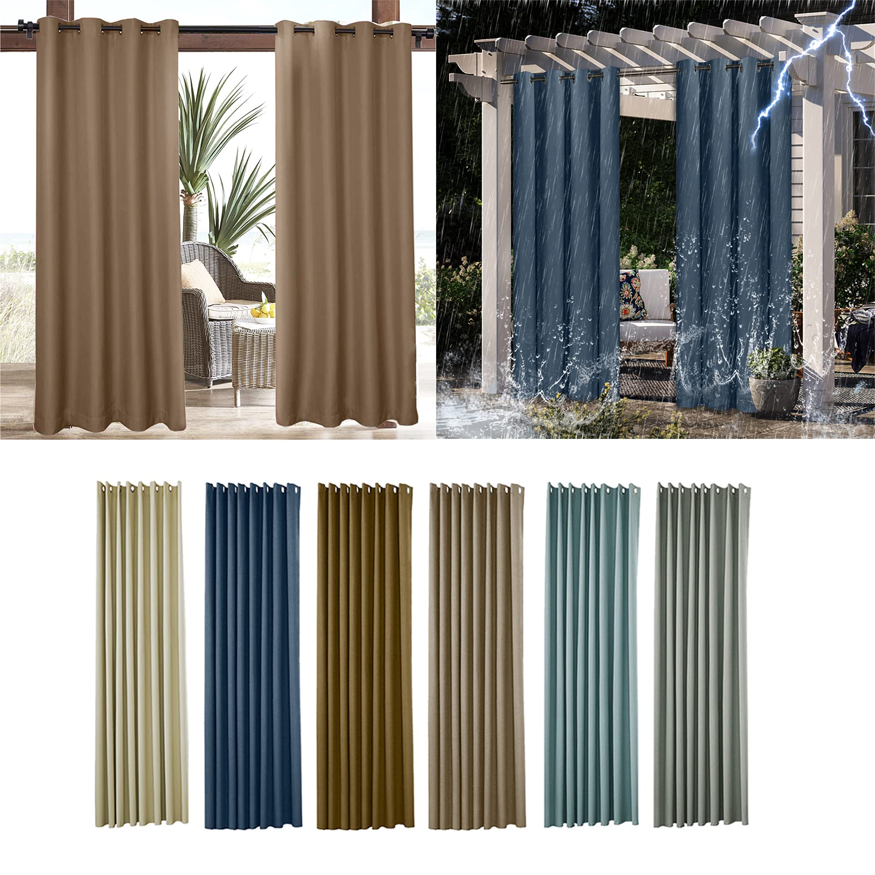 Amcerd Curtains Waterproof for Patio, Outdoor Curtain with Eyelets, Patio Cabana Porch Gazebo Curtain Privacy Screen Sun Protection UV Protection