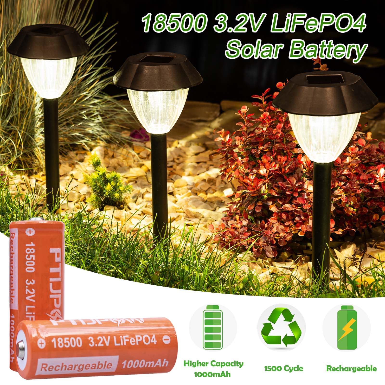 PTIJPOW (4-Pack 18500 3.2V LiFePO4 Solar Batteries, 18500 3.2 Volt 1000mAh Lithium Iron Phosphate Rechargeable Solar Battery for Outdoor Solar Lights (Not AA Battery)