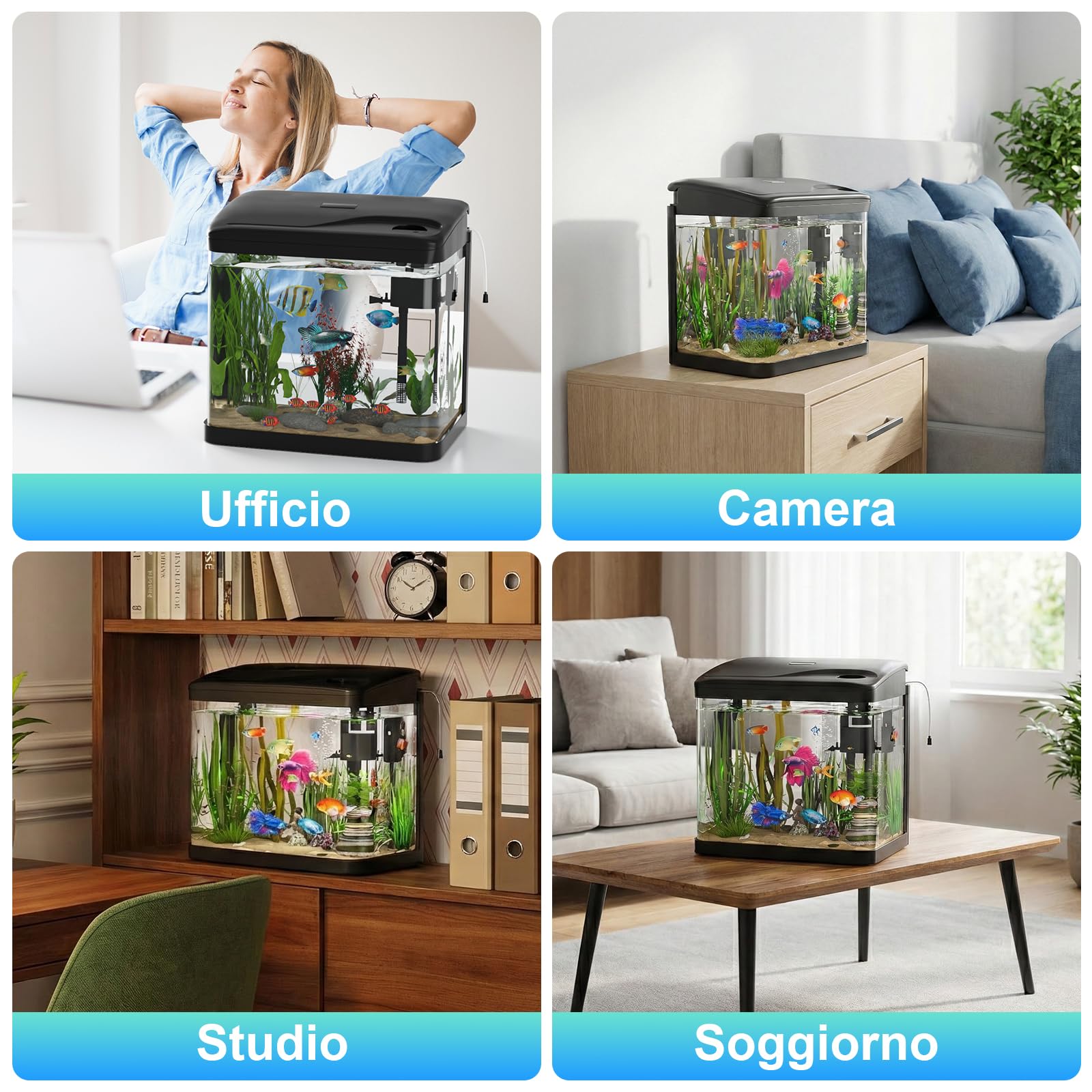 Acquario in Vetro Acquario Completo Acquarios Per Pesci Rossi,con Illuminazione a LED e Sistema di Filtraggio,15 Litri,Nero,Set Per Principianti