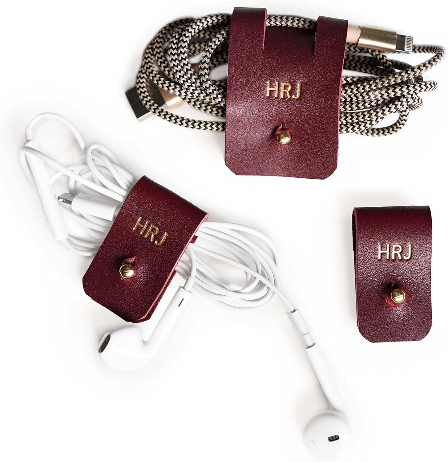 KEYAIIRA - Set of 3 Personalized Leather Cable Cord Holders with Gold Closure - Laptop Charging Cord Keeper, Earbud Wire Organizer Customized Monogram Gift tech, Stocking Stuffer, Travel Accessories