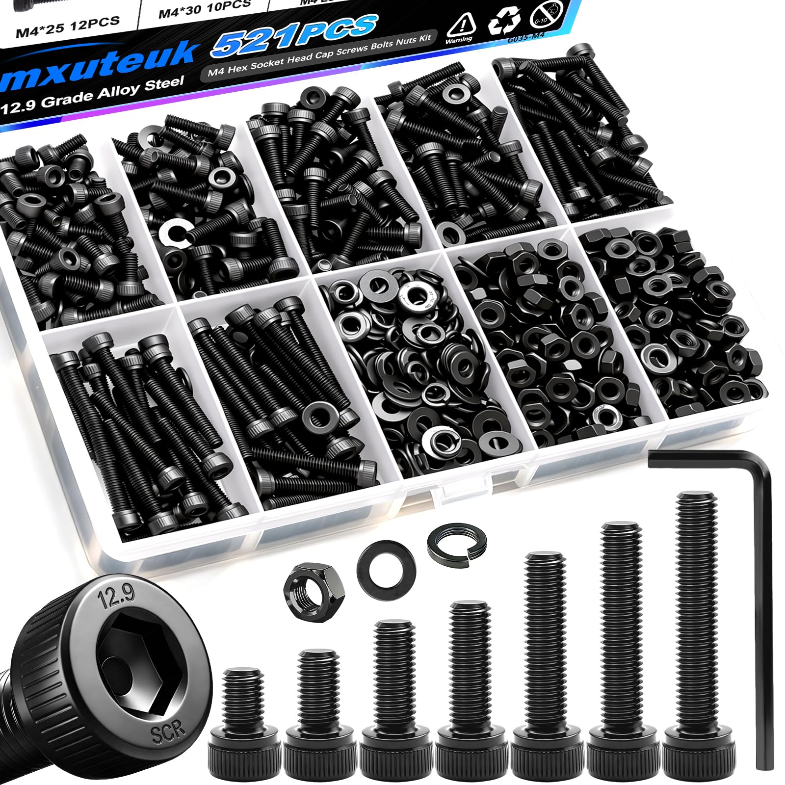 mxuteuk 720PCS M3 Screws Kit,M3×6/8/10/12/16/20mm M3 Screws Assortment Kits,12.9 Alloy Steel M3 Hex Socket Head Bolts Nuts Washers Set Suitable for 3D Printer,DIY — Amazon image 12