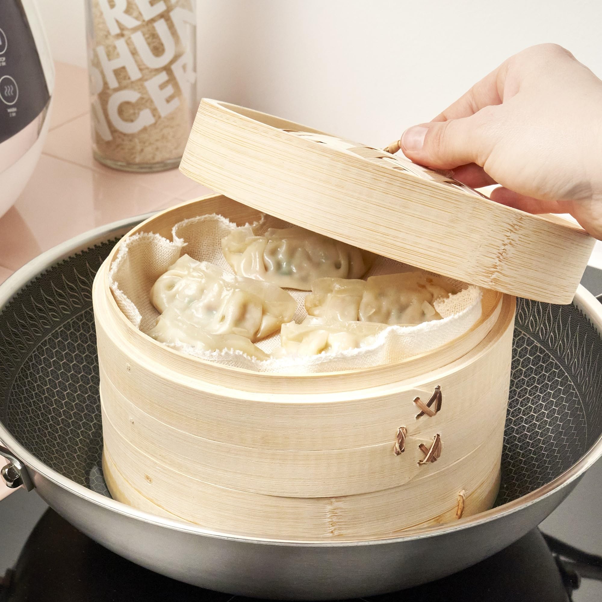 Vaporera de bambú REISHUNGER Ø 25 cm 2 Pisos para arroz, dim sum, verduras, pescado y carne