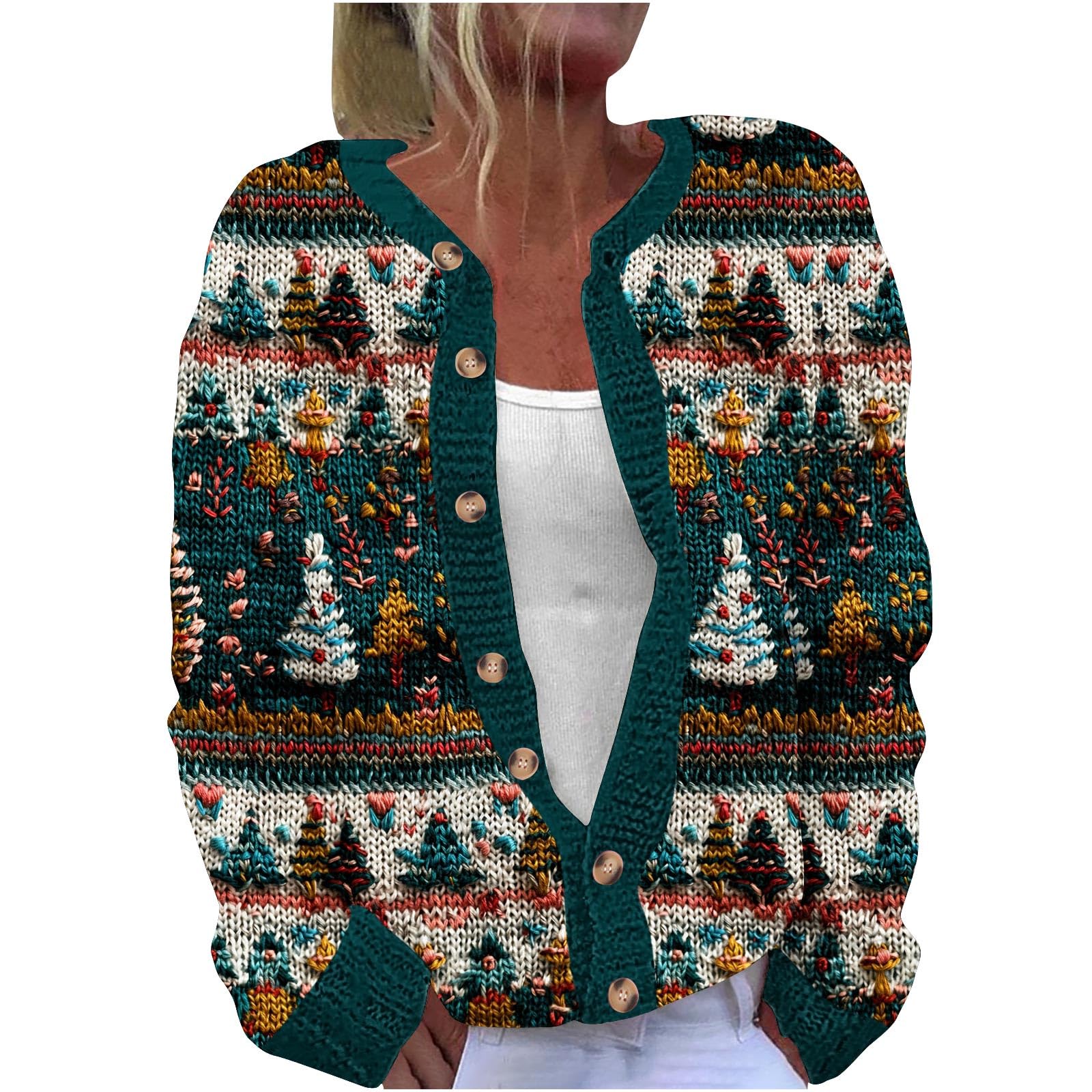 Womens Ugly Christmas Sweater Funny Santa Print Cardigan Open Front Button Down Long Sleeve Knitted Coat