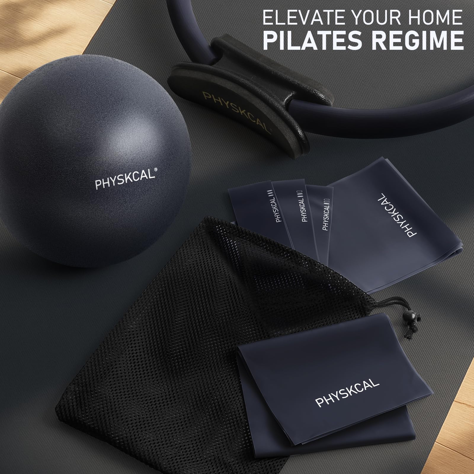 PhysKcal Pilates Kit, 15-Inch Pilates Ring with 1x Core Ball, 3X Resistant Loops and 2X Flex Bands, Home Pilates Equipment Set and Mat Pilates Essential Kit: Navy