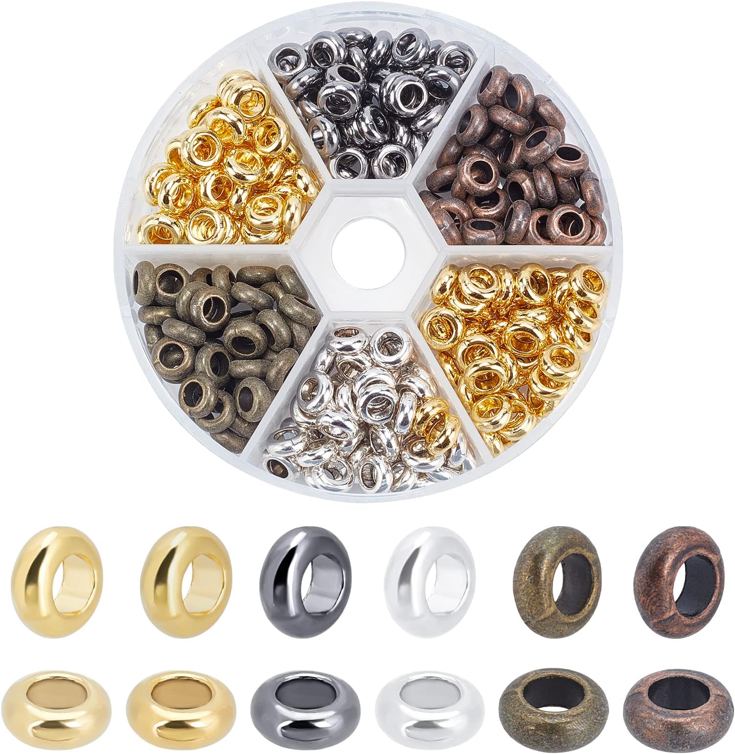 300pcs 6 Color Rondelle Large Hole Spacer Beads Tibetan European Spacer Loose Hole Metal Beads for Necklace Bracelet Jewellery Making, 7mm, Hole: 4mm