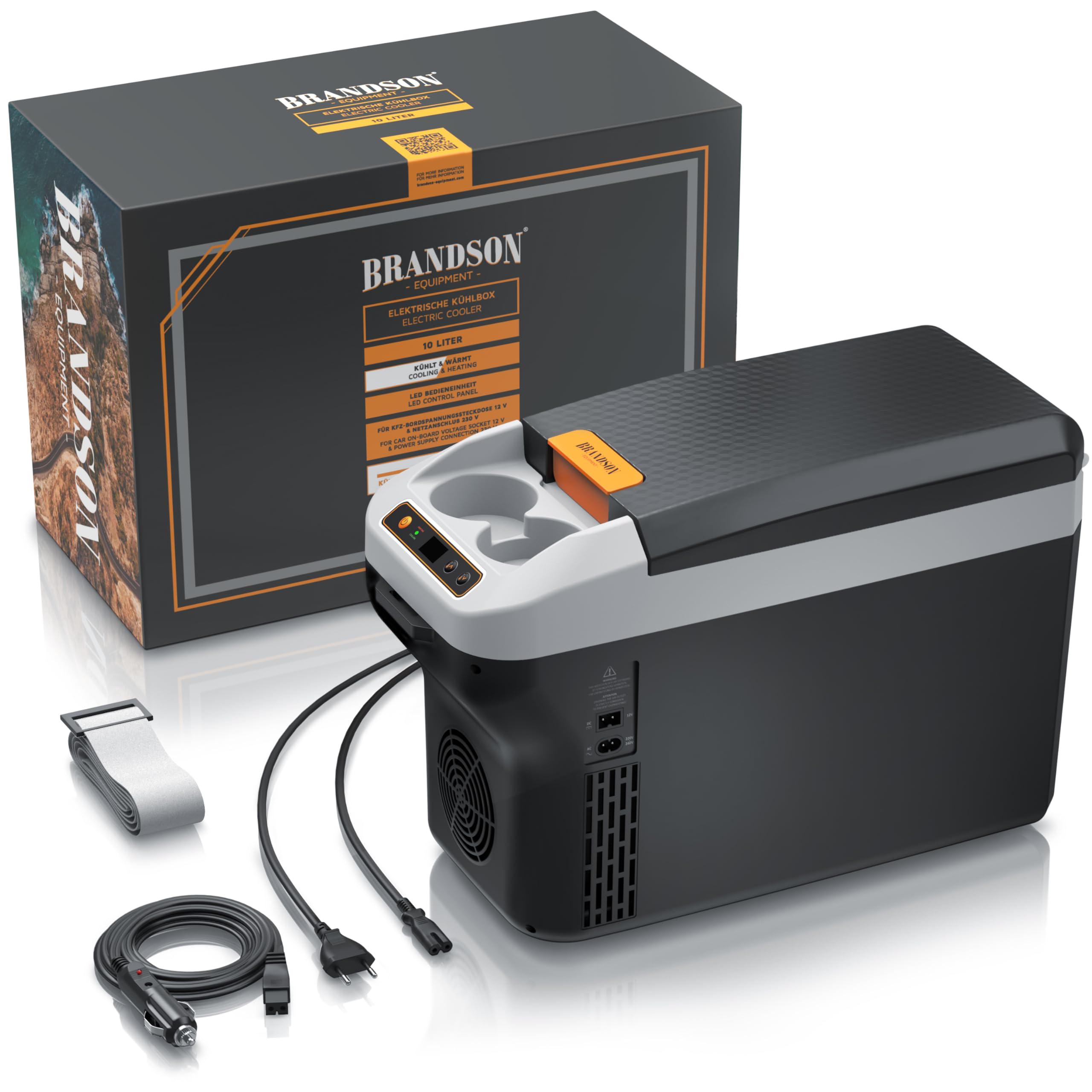 Brandson - Kühlbox elektrisch 10L – 230 V Netzspannung und 12 V KFZ Auto Bordspannung – kühlt und wärmt – Heizen max. 65°C – Herabkühlen ca 20°C unter der Umgebungstemperatur - Cool Grey