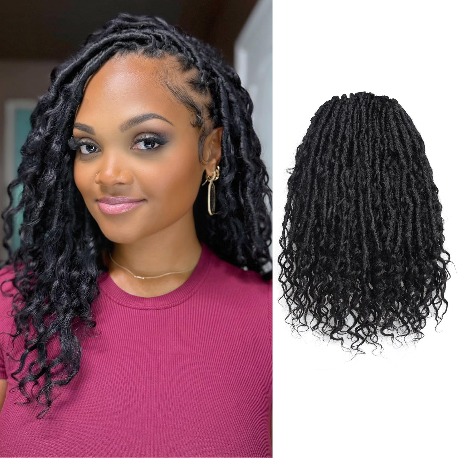 ToyoTress Boho Human Hair Locs - 14 Inch 8 Packs Natural Black Handmade Pre-Looped Crochet Hair For Black Women, Short Boho Butterfly Faux Locs With Human Hair Curls (14 Inch,1B-8P)