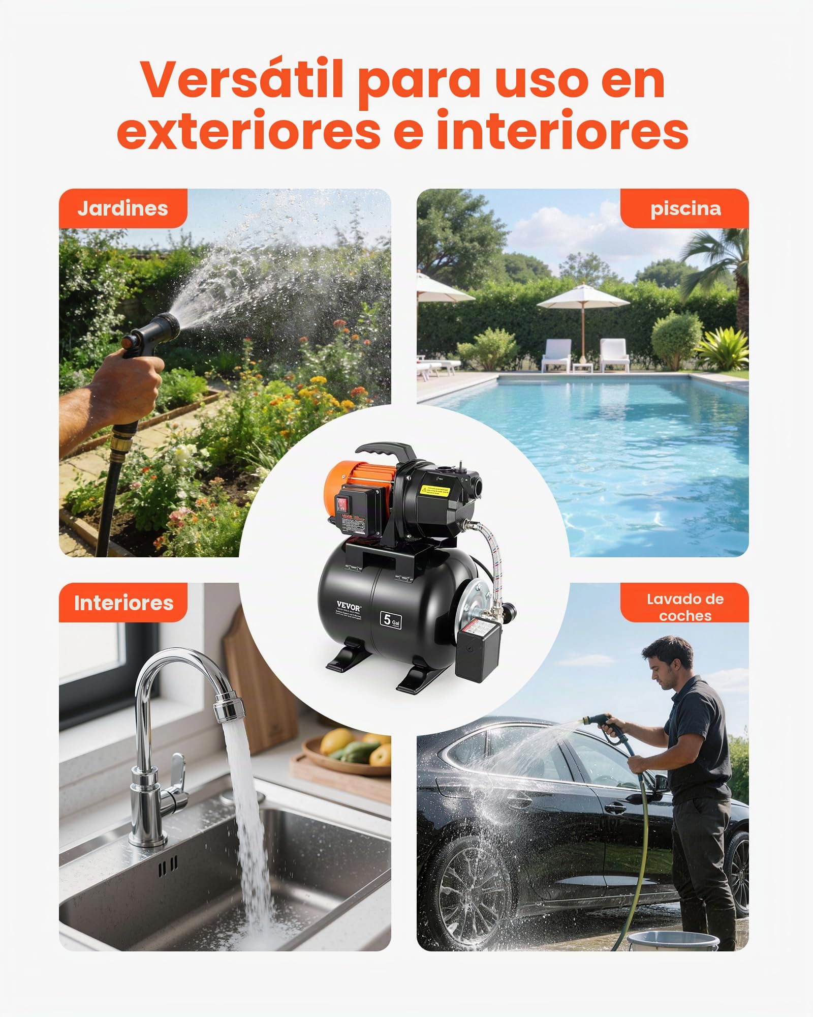 VEVOR Bomba para Pozos Poco Profundos 1 HP, Bomba de Agua de Trasvase 3750 LPH, con Tanque de Presión de 19 L, de Hierro Fundido, Sistema Automático de Transferencia de Agua, para Jardín, Césped