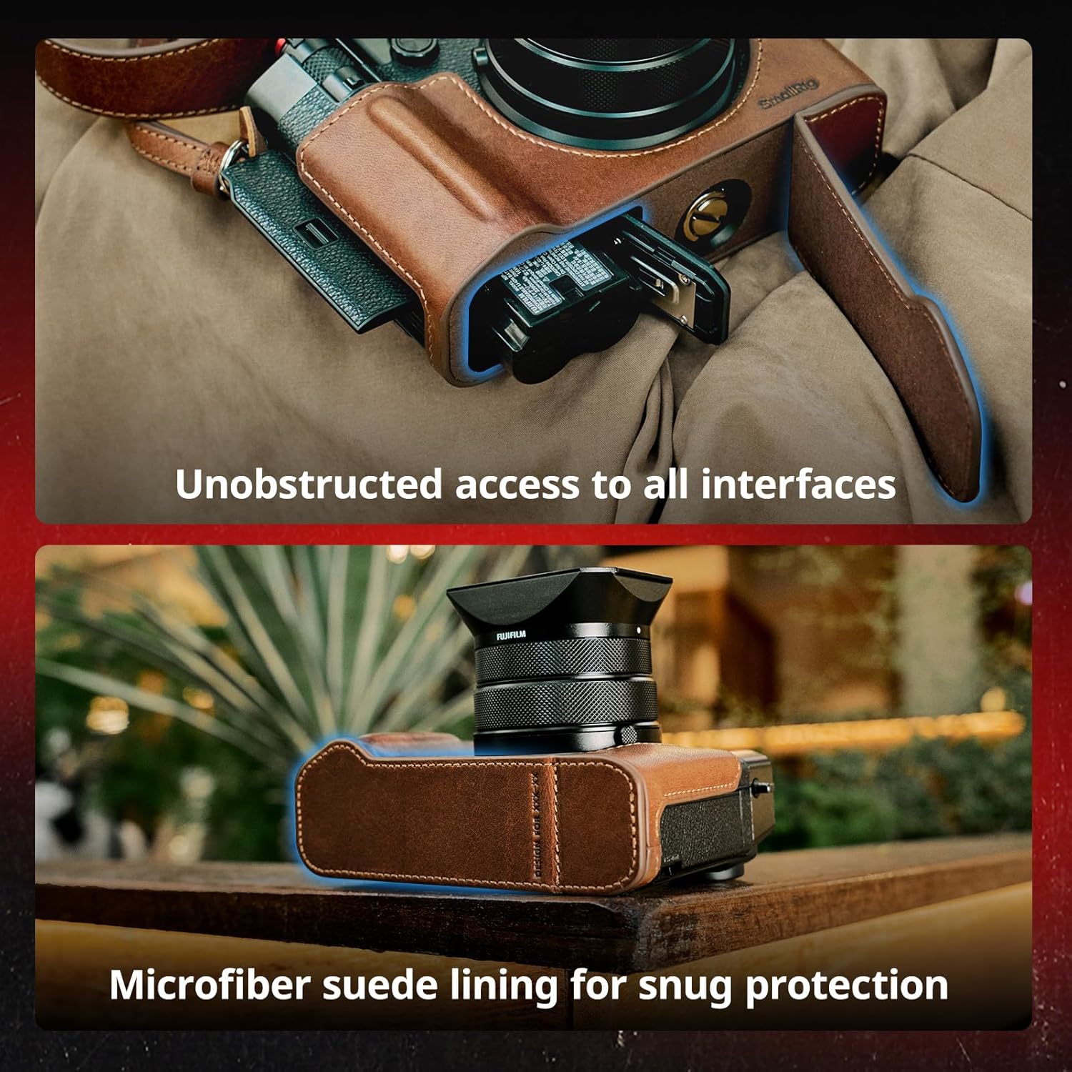 SMALLRIG GFX100RF Leather Case Kit for FUJIFILM, Including Leather Case with Back Wood Thumb Panel, Shoulder Strap and Concave Shutter Button Cap, Comfortable and Protecting (Brown) -5268