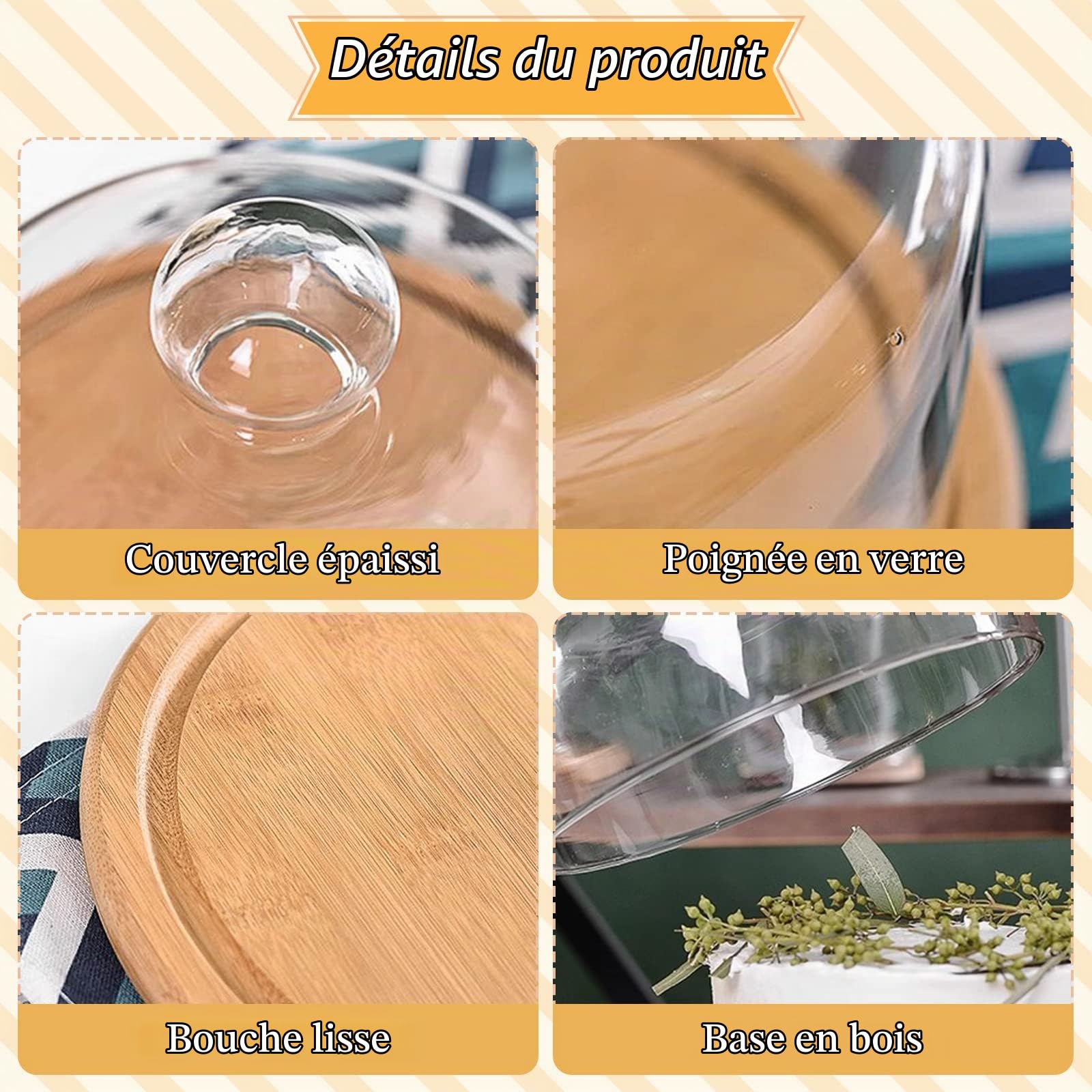 Dôme en verre avec base en bois - Présentoir à gâteaux - Cloche en verre transparent - 24 cm