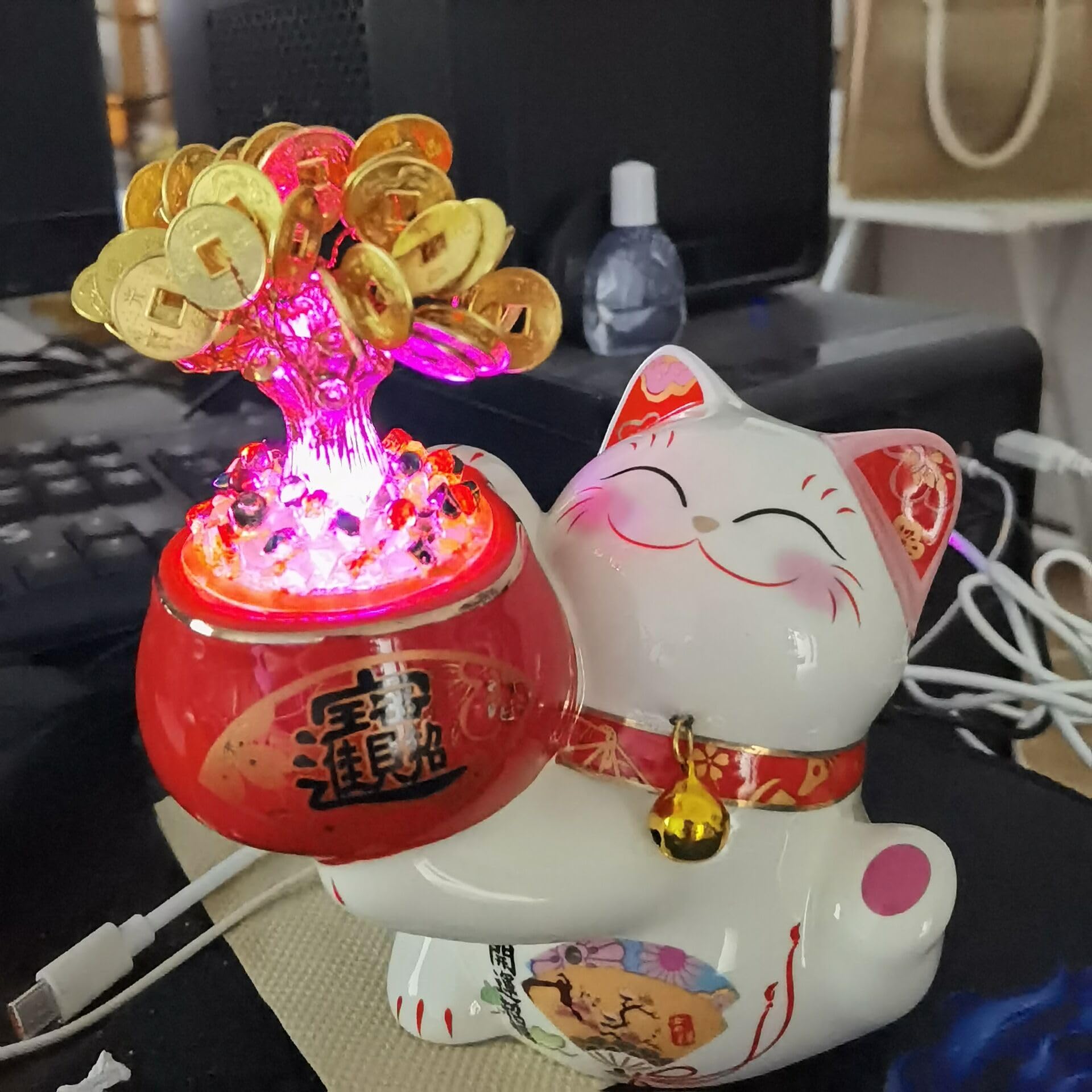 EatingBiting Árbol de oro japonés Maneki Neko de 6 pulgadas con lámpara de luz arcoíris con alimentación USB, figura decorativa de Feng Shui para tiendas, restaurantes, sala de estar, decoración del