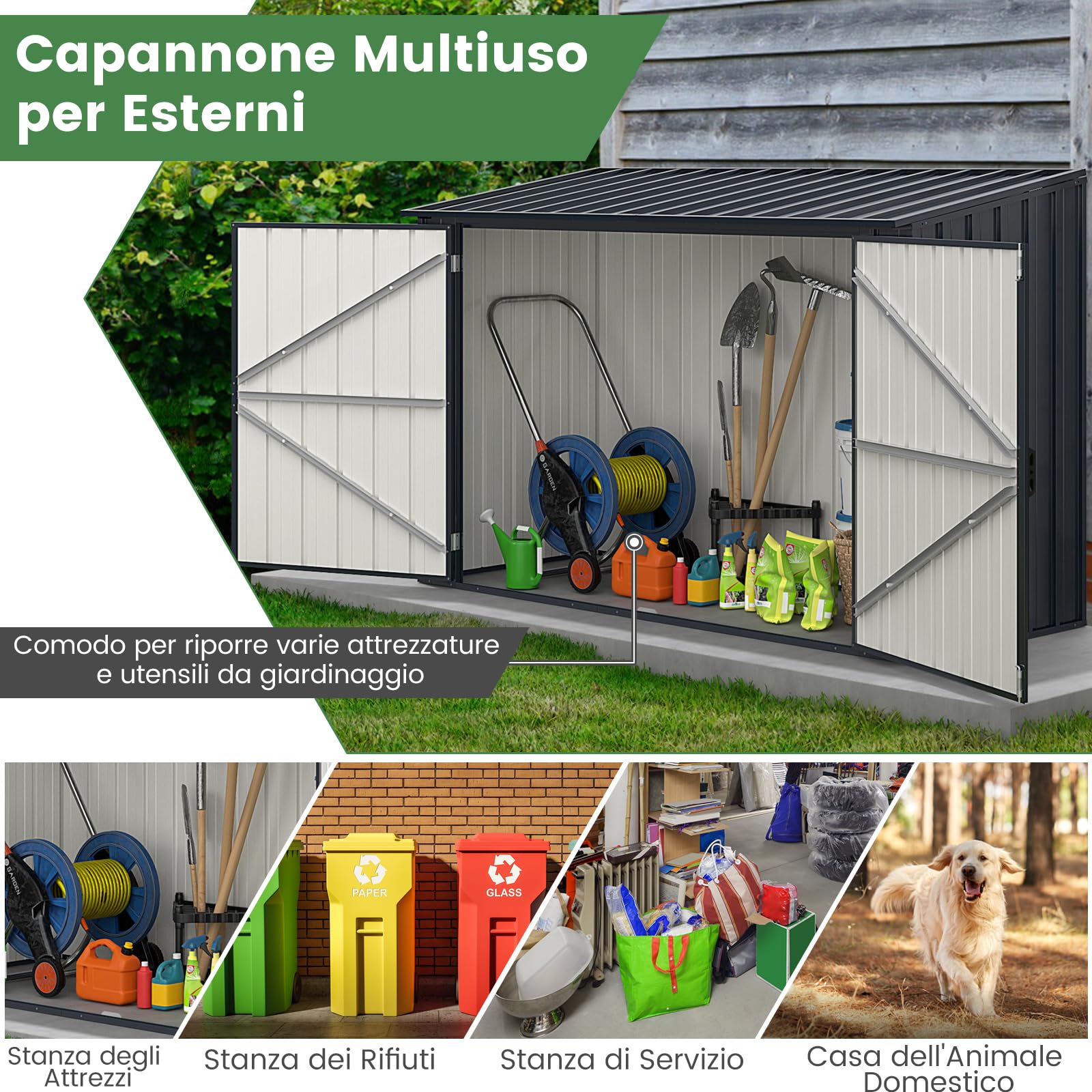 COSTWAY Copribidone Spazzatura Esterno Doppio, Casetta Porta Attrezzi da Giardino in Metallo Zincato con Porta Bloccabile, Tetto Apribile e Struttura a Scatto