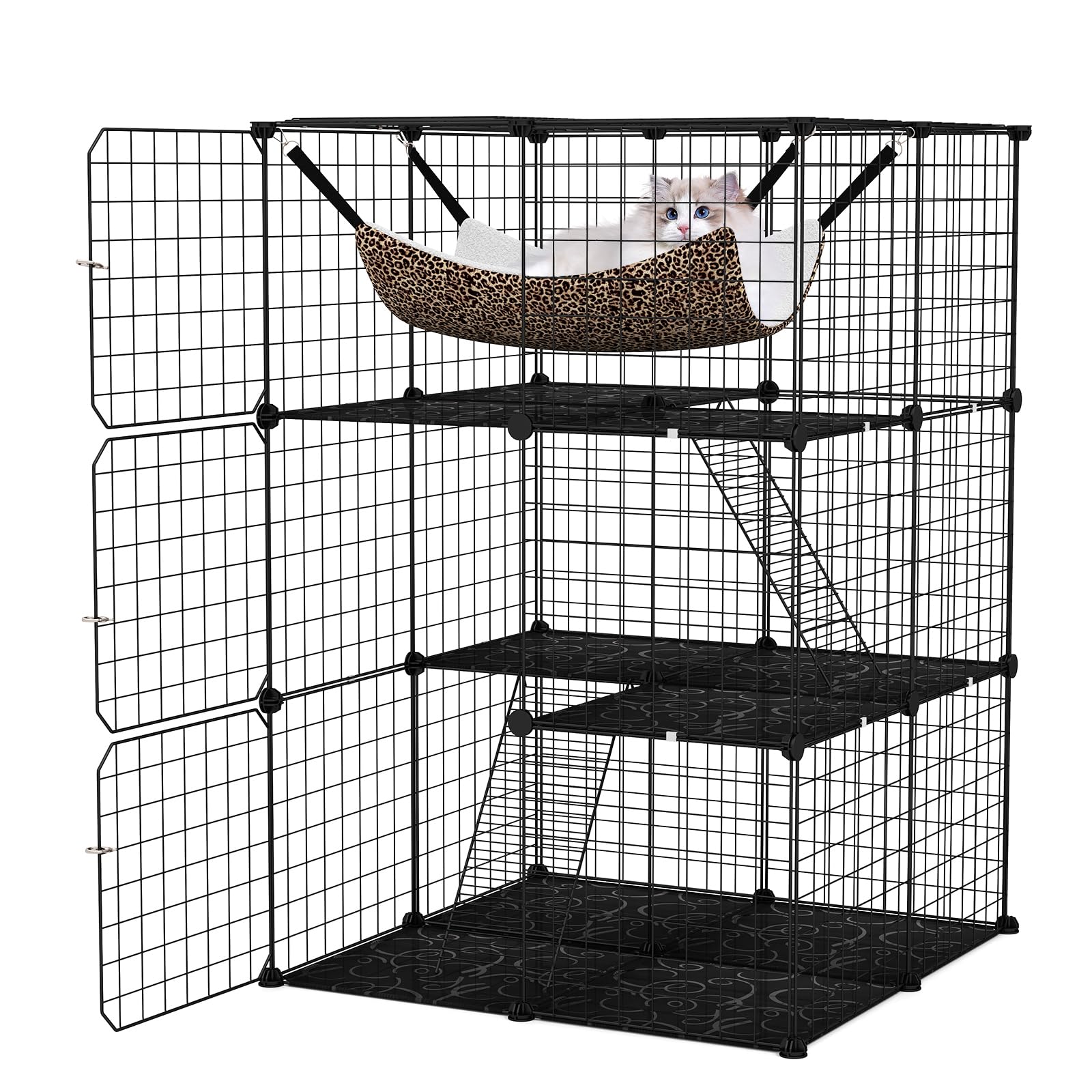 GYMAX Large Cat Cage, 3/4-Tier DIY Cat Enclosure with Hammock, Ladders, Doors & Sky Window, Indoor Metal Wire Detachable Kennel Pet Crate Playpen for Small Animals (Black, 74 x 74 x 107cm)