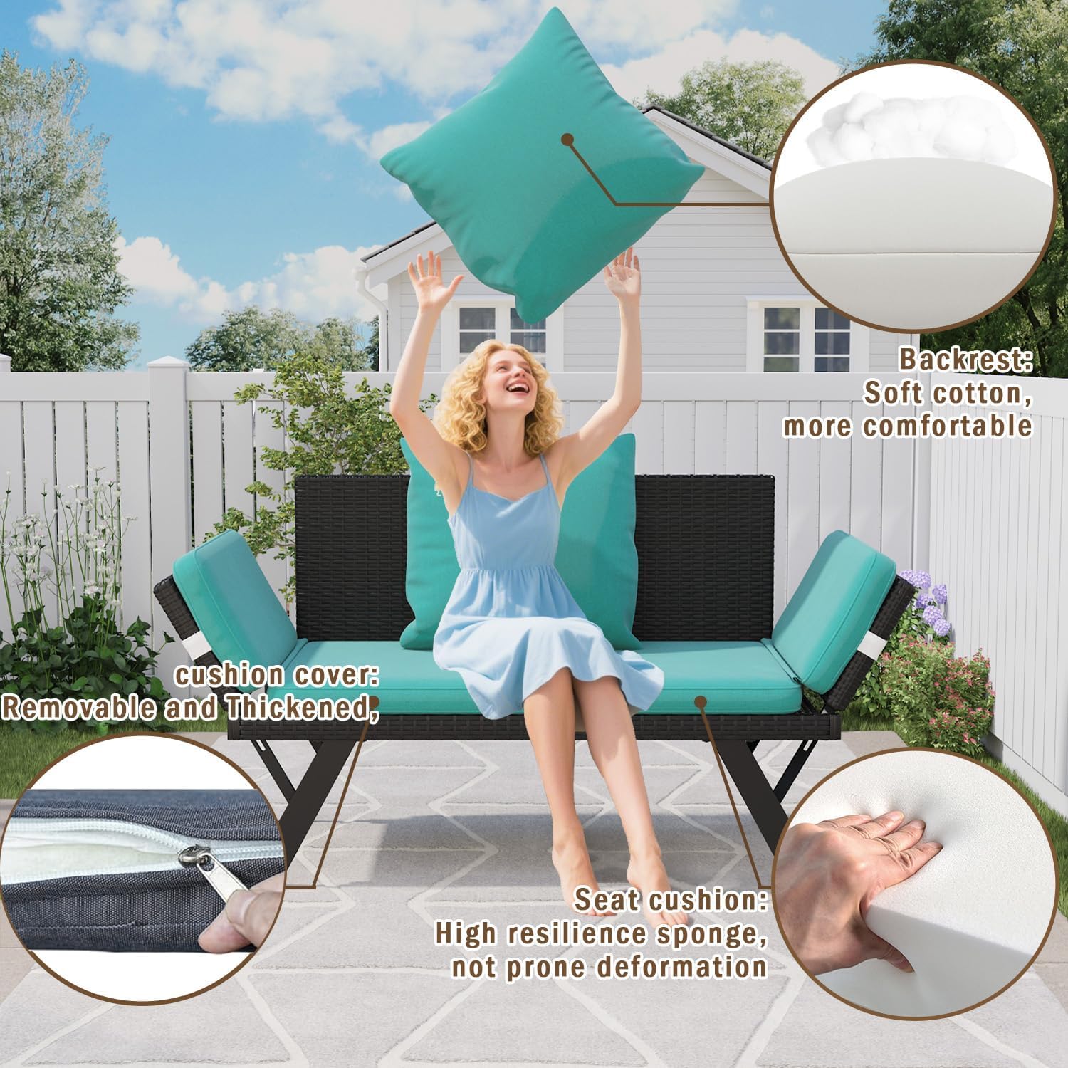 LEMBERI Outdoor Convertible Sofa, Daybed Couch with Adjustable Armrests, Woven Rattan Patio Loveseat or Double Chair with Soft Cushions and Backrest Pillows for Patio, Poolside, Yard, Porch, Lake Blue