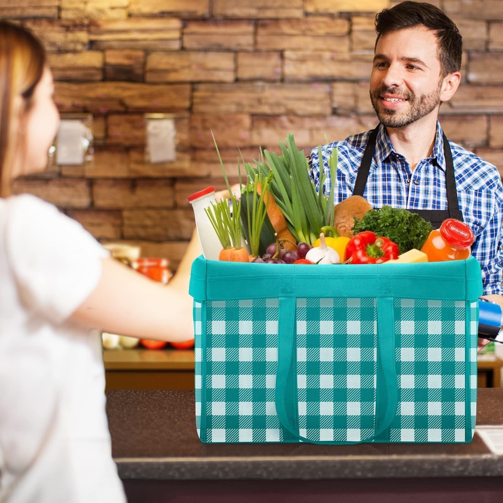 WISELIFE Bolsas de compras reutilizables para comestibles, paquete de 12 bolsas grandes plegables a granel, bolsas de productos ecológicos con mango largo para compras y ropa (cuadros C)