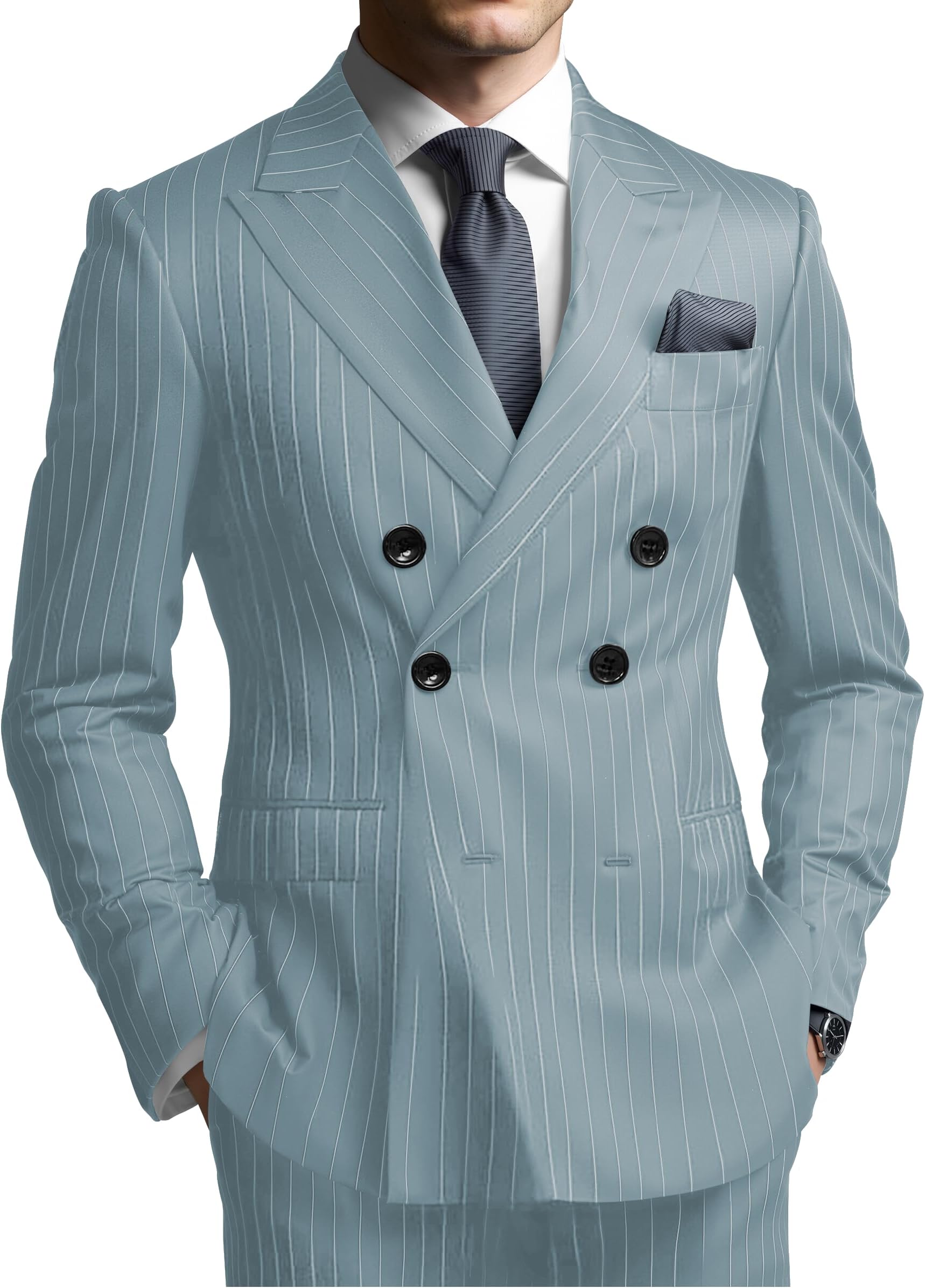 Mens Pinstripe Suits 2 Piece Double Breasted Mens Slim Fit Pinstripe Suit 2 Piece for Wedding Prom