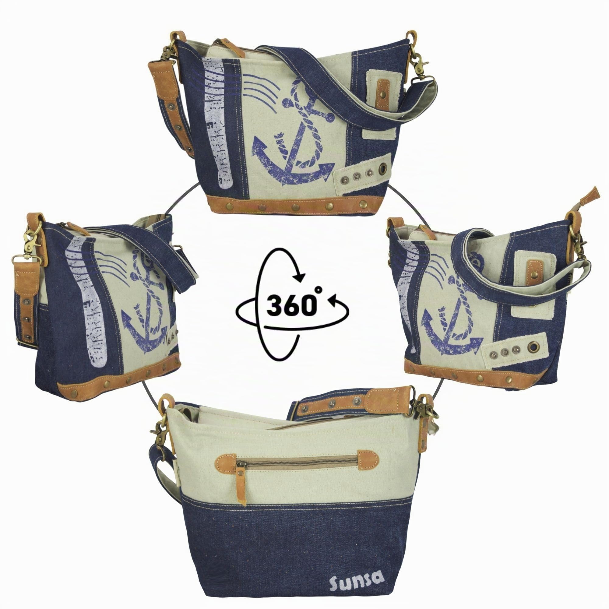 Sunsa Maritim Umhängetasche. Nachhaltige Damen Schultertasche. Beige/blau