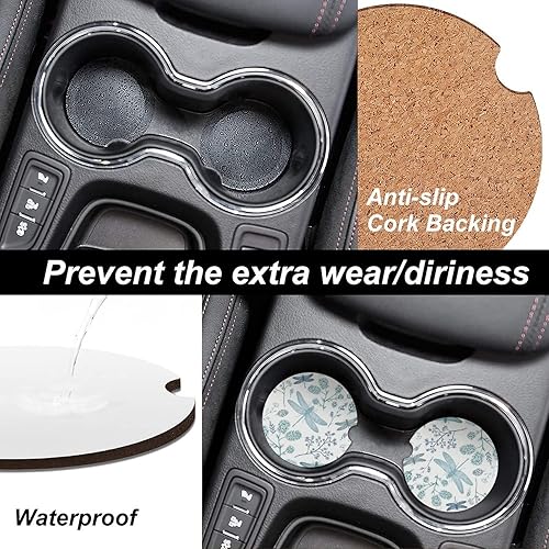 Miniatura 2 de Portavasos absorbente para automóvil, paquete de 2, posavasos de piedra de cerámica con muesca para el dedo para mujeres y damas, base de corcho de