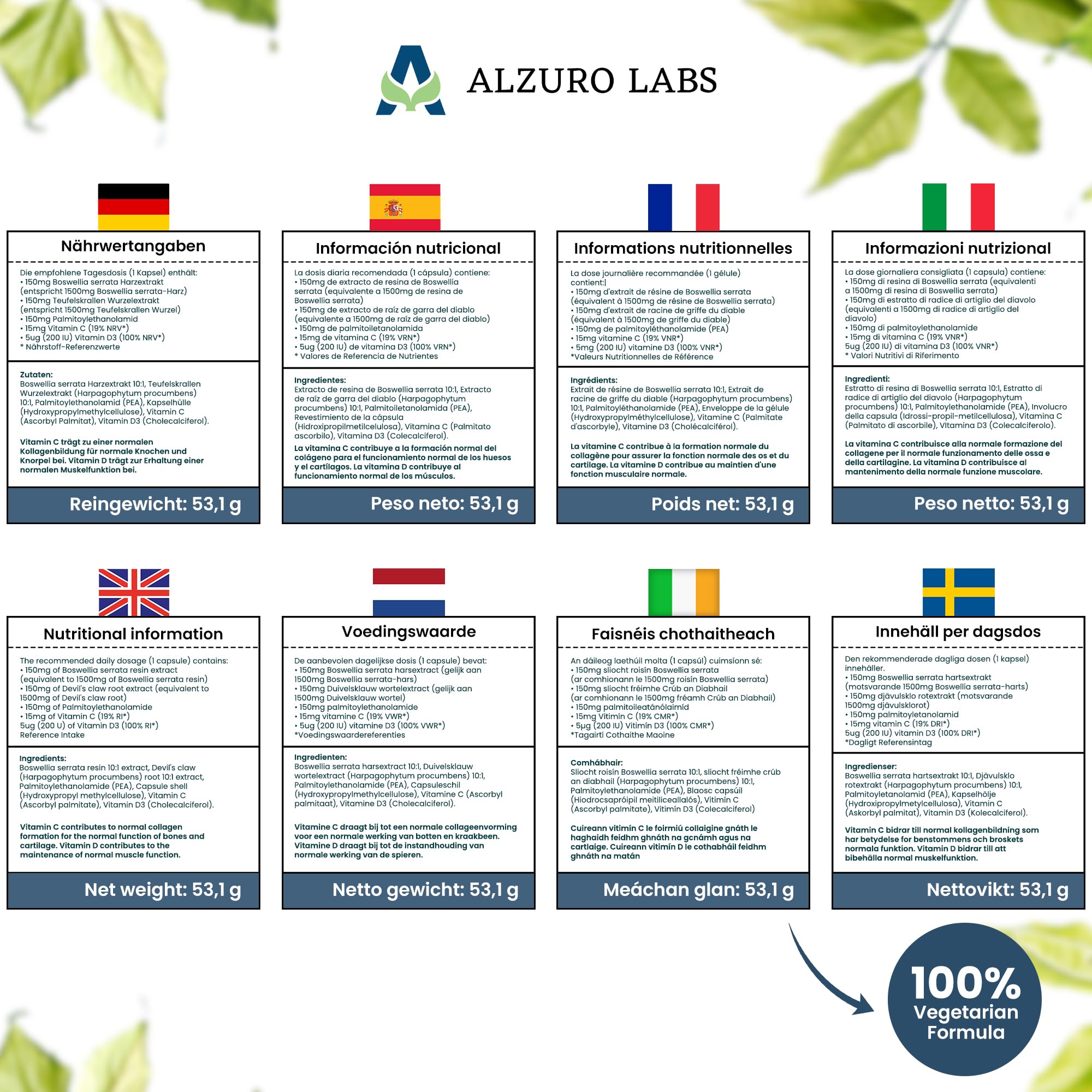 Complejo Articulaciones y Músculos 465mg - 90 cápsulas veganas | Boswellia Serrata, Garra del Diablo, PEA, Vitamina C y D3 | Antiinflamatorio, Huesos y Colágeno | Probado y GMP.