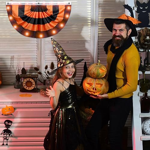 Miniatura 4 de Jetec Banderines LED de Halloween de 2 x 4 pies, bandera plisada de Halloween con 3 ojales para colgar, bandera de jardín, banderines al aire libre,