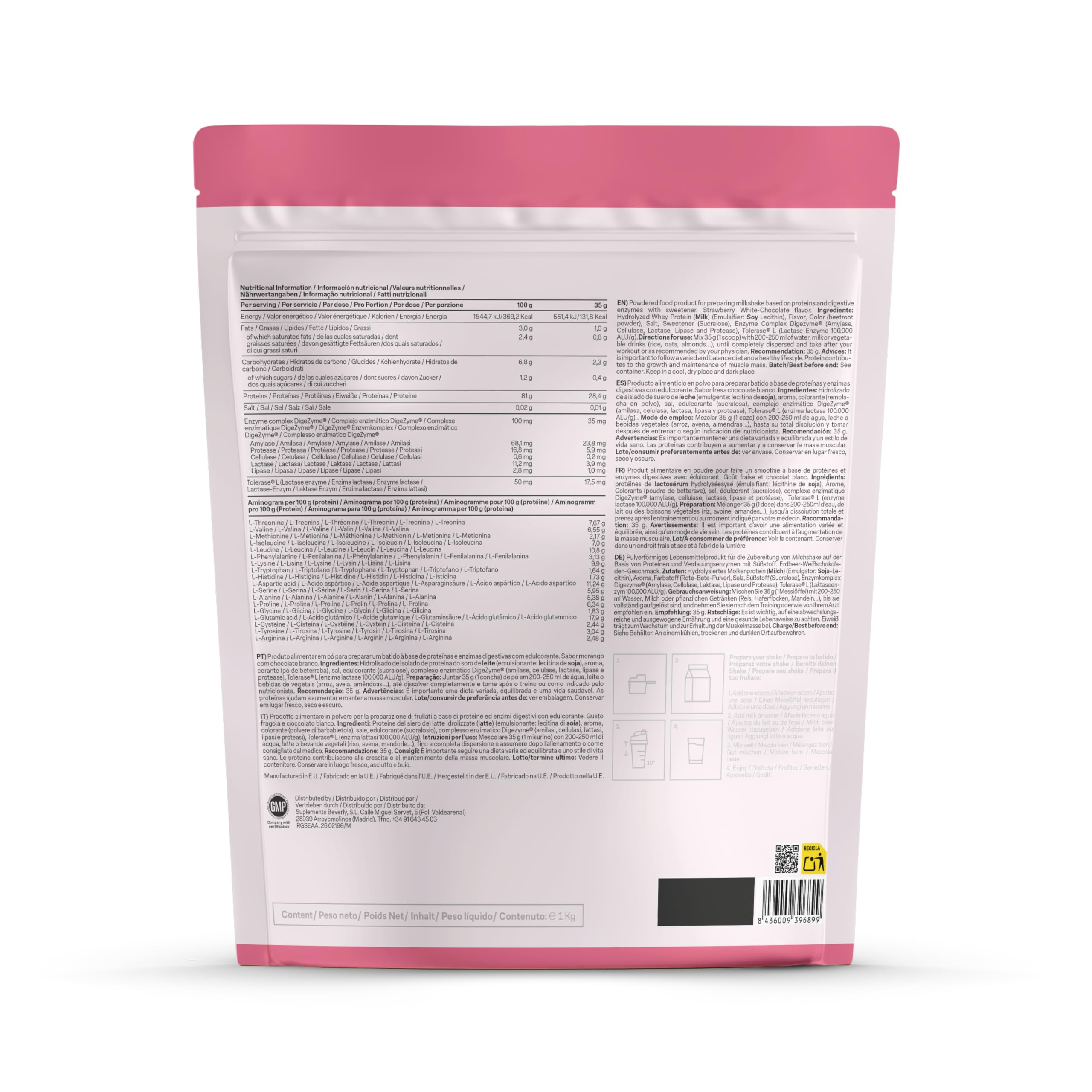 Beverly HYDRO PROTEIN - Protéines de lactosérum hydrolysées avec Digezyme et Tolerase - 1 kg - 29 g de protéines par portion - 28 portions (Chocolat blanc fraise)