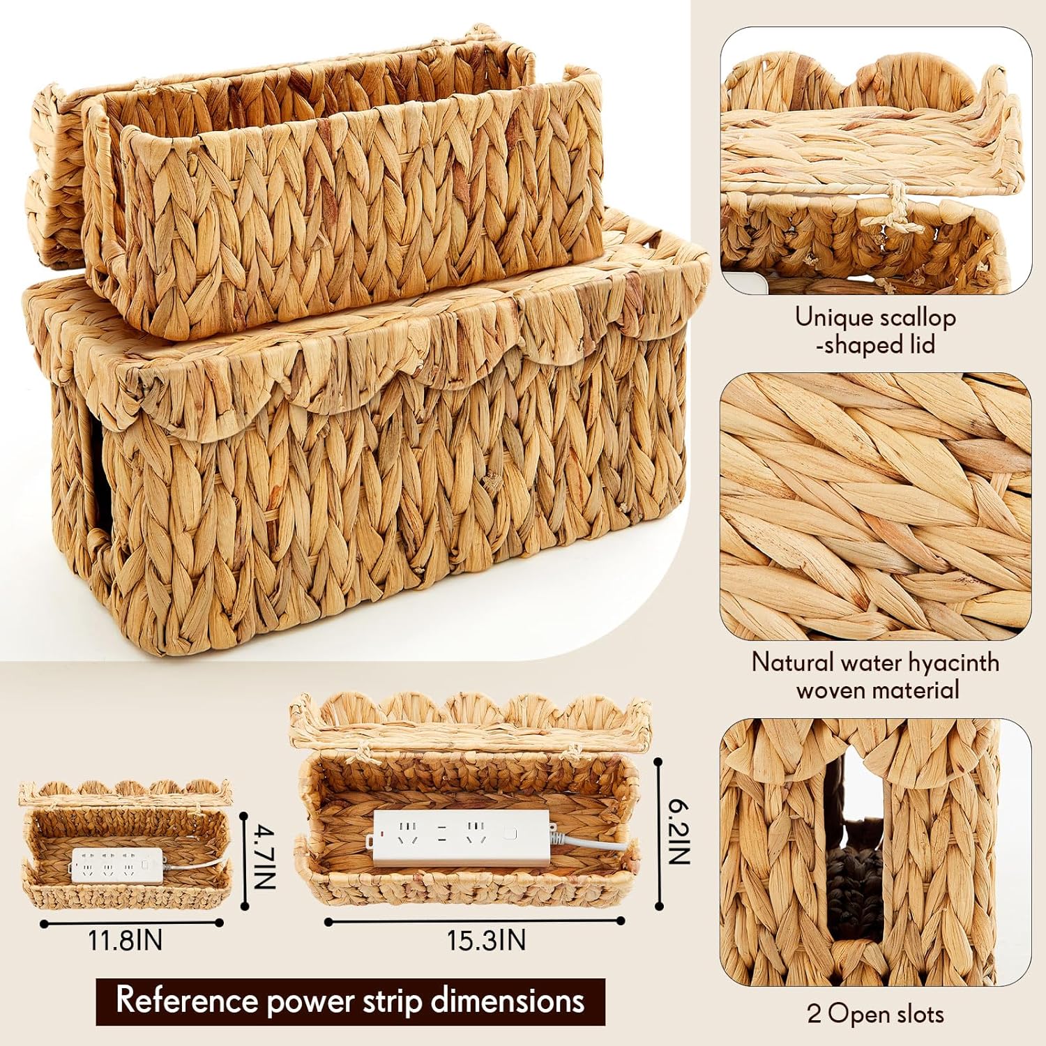 Patelai 2 Pack Scalloped Cable Management Box, Handwoven Water Hyacinth Cord Cable Organizer Box with Lid, 2 Open Slots Cord Basket for Power Strips & TV Wires, Desk, Floor, Office(Natural Color)