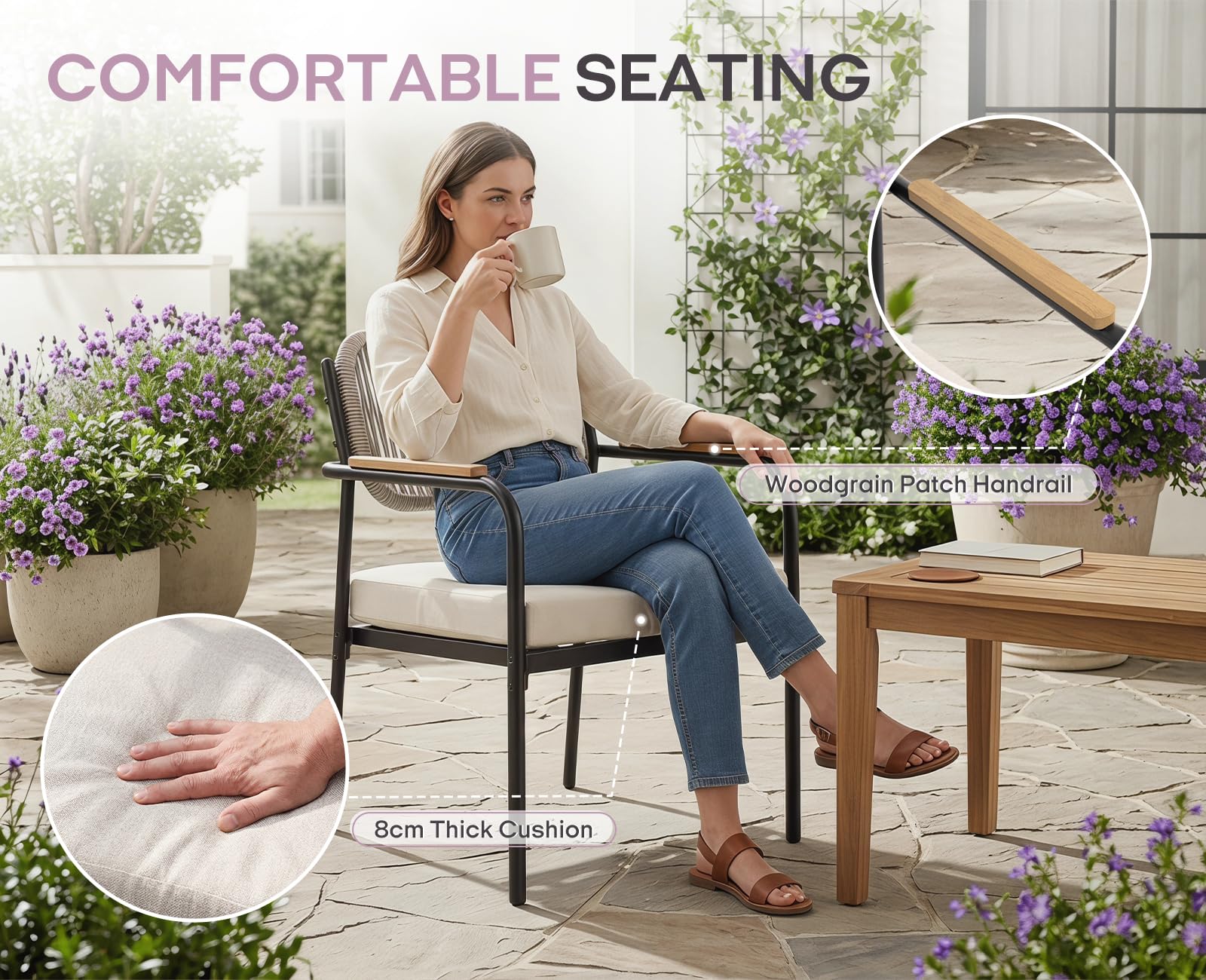 Ya-Home Gartenstühle 4er Set wetterfest, Terrassenstühle, Gartensessel Outdoor Loungesessel mit 8 cm Sitzkissen, witterungsbeständig, Balkonstühle Metall für Garten, Terrasse & Balkon, Beige