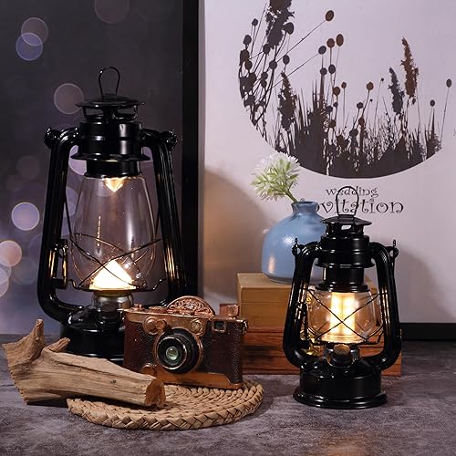 Miniatura 10 de Hortsun 16 linternas LED vintage negras para campamento, LED cálidos e interruptor de atenuación, funciona con pilas, farol colgante de metal para