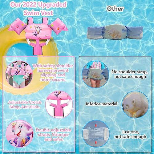 Miniatura 52 de Chriffer Chaleco salvavidas para niños de 22 a 66 libras, flotadores con arnés de hombro y alas de brazo para bebés de 2, 3, 4, 5, 6, 7 años