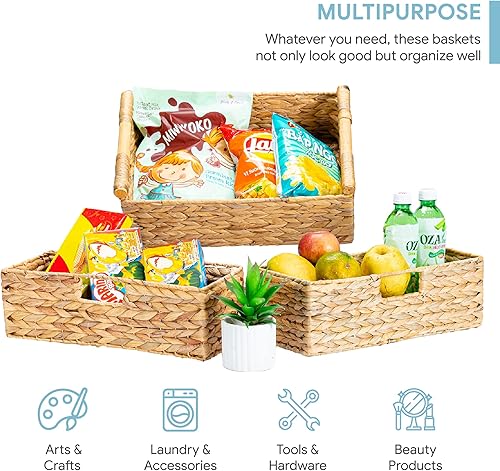 Miniatura 4 de VATIMA Cestas grandes de almacenamiento de jacinto de agua para organizar con asas de madera para estantes, 2 cestas pequeñas de baño, cestas de
