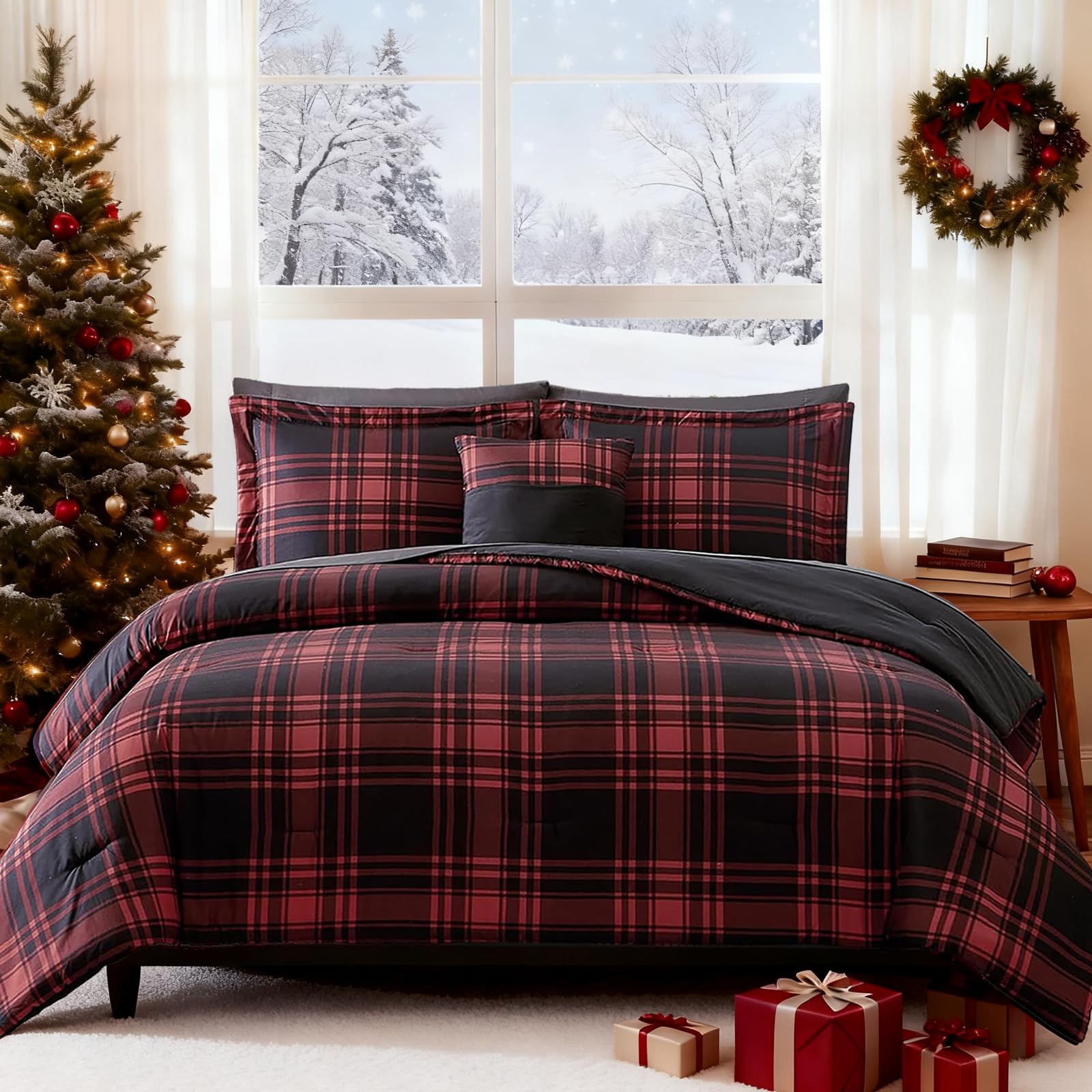 Juego de edredón Queen transpirable para noches acogedoras todo el año con cama a cuadros