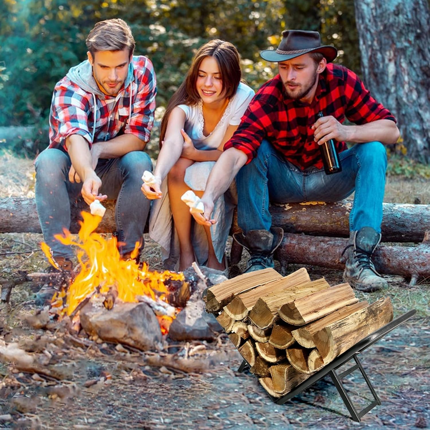 Steel Firewood Rack, Foldable 2FT Firewood Holder, Black, 24 x 9.44 x 11.08 inches, Indoor/Outdoor Fireplace Wood Storage