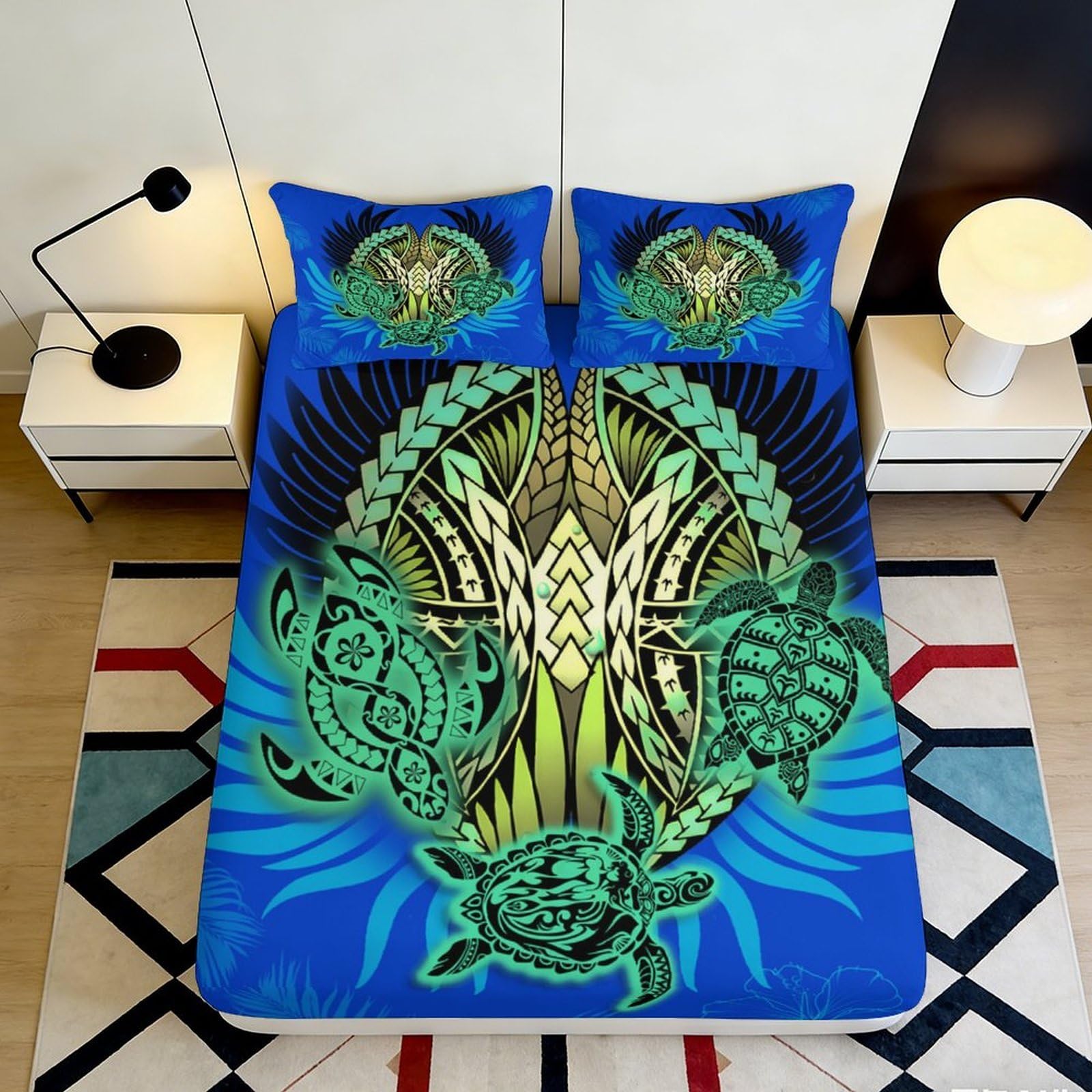 3D Printed Tribal Turtle Fitted Sheet Microfiber Soft Blue Ocean Mandala Mattress Cover for Bedroom Dorm Decor 180x200x25cm