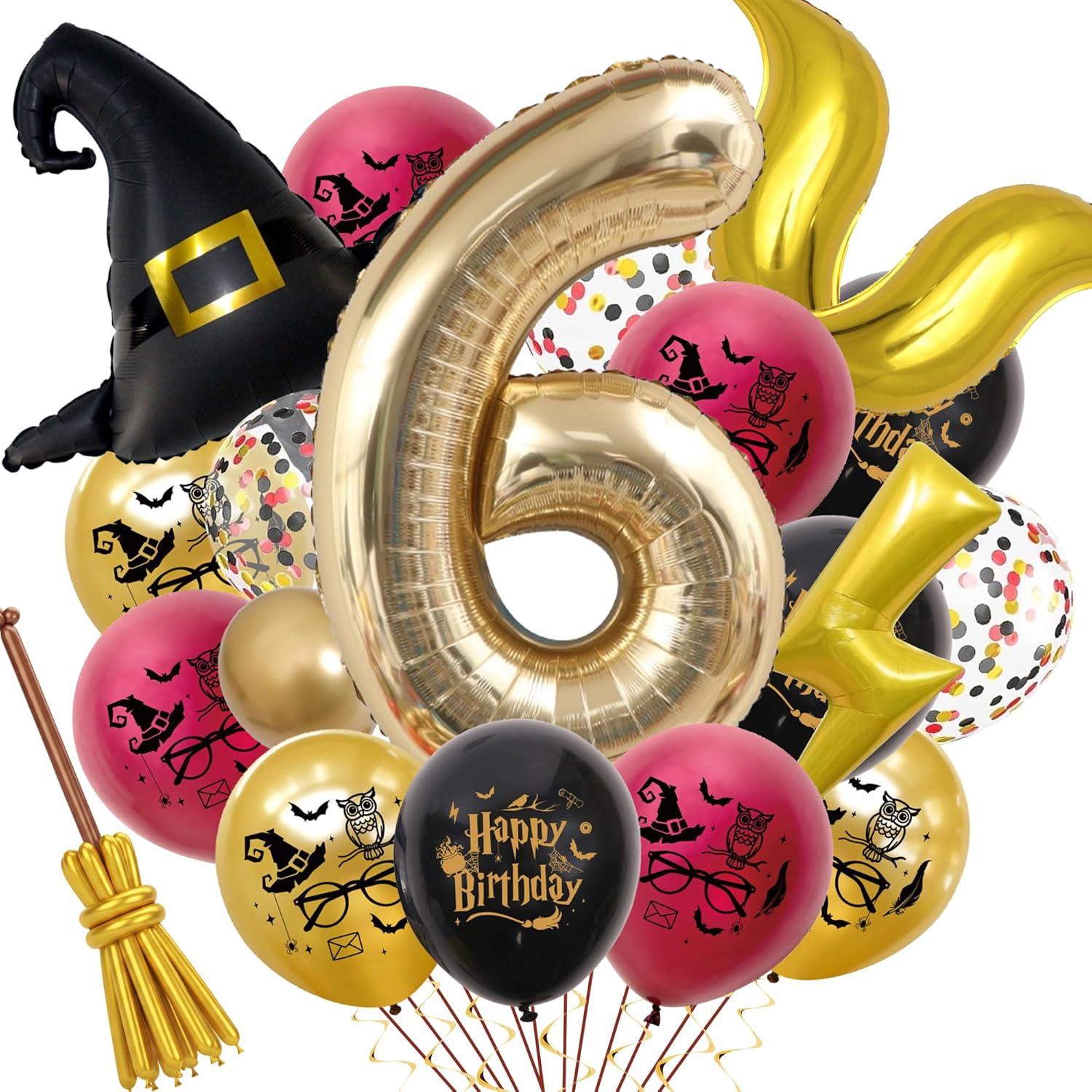 Magical Wizard Balloons Birthday Decorations - 40 Inch Number 6 Foil Balloon and Wizard Hat Lightning S Shaped Balloons, Magic Themed School Party Decoration for Boys Girls 6th Birthday Decor