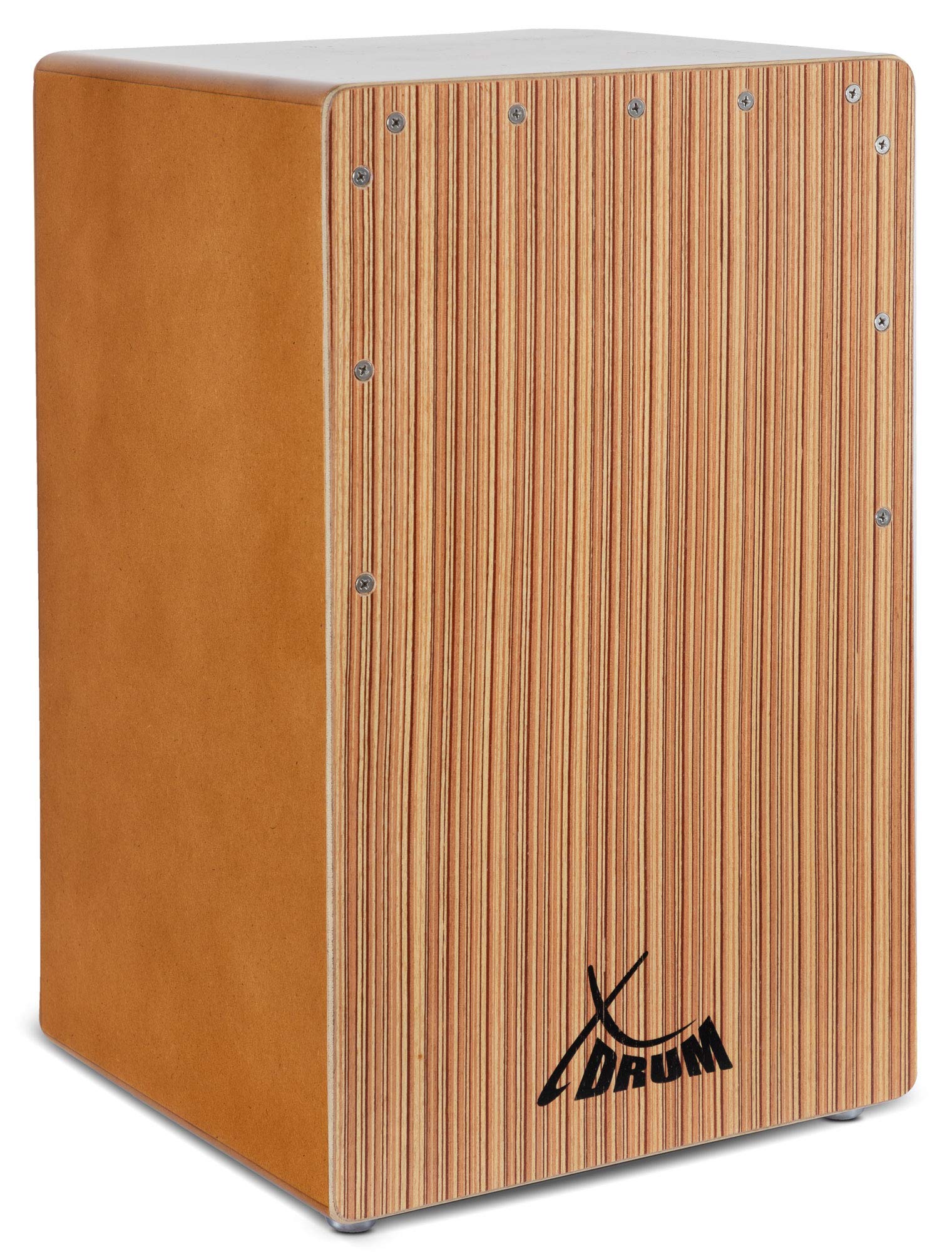 XDrum Cajon El Bajo Bass Port Walnut/Zebra incl. sac, Bass Port intégré | Corps: HPL (High Pressure Laminate), Partie supérieure de la surface de frappe vissée, Surface de frappe: placage Zebrano