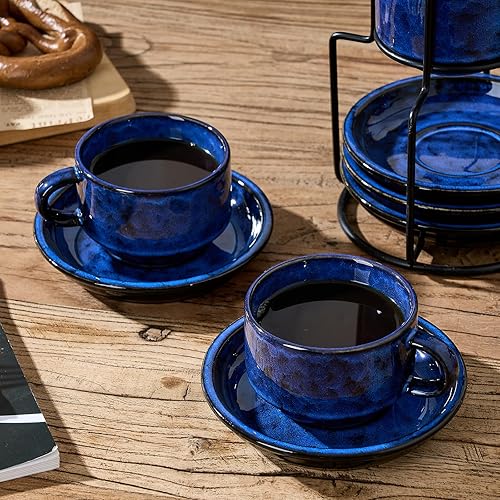 Miniatura 6 de JIEMEI HOME - Tazas de capuchino apilables de porcelana con platillos y soporte de metal, tazas de espresso de 7 onzas para café con leche, bebidas