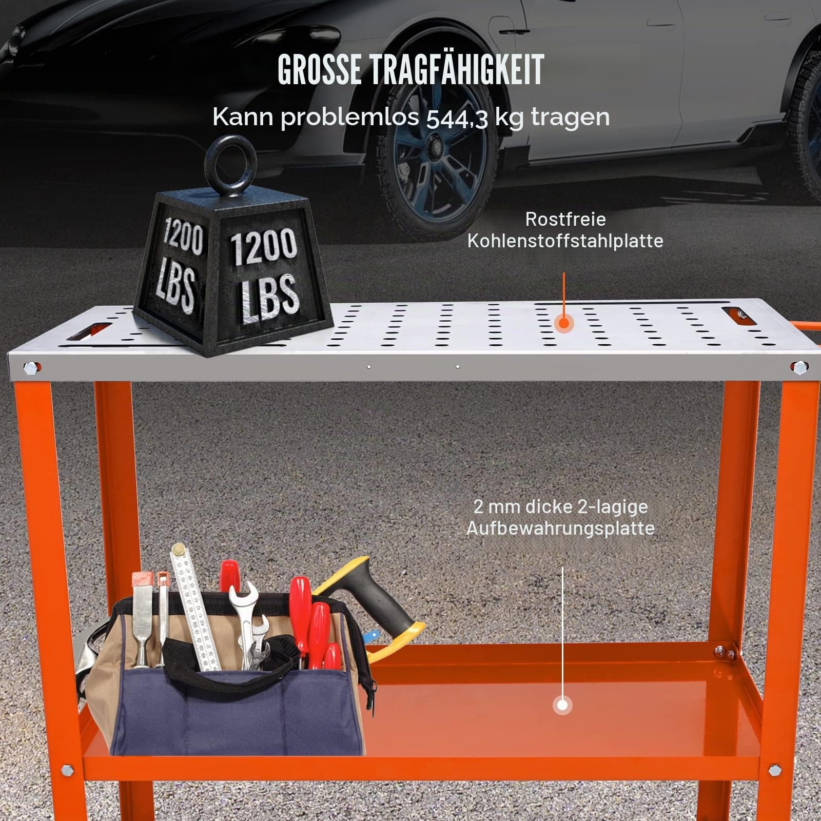 VEVOR Mobiler Schweißtisch 91,4x45,7cm Schweißwerkbank 544kg Tragfähigkeit Lochtisch 94 Löcher (φ 1,6cm) Werkbank Kohlenstoffstahl Arbeitstisch Schweißwagen mit Rädern 4 Werkzeugschlitzen