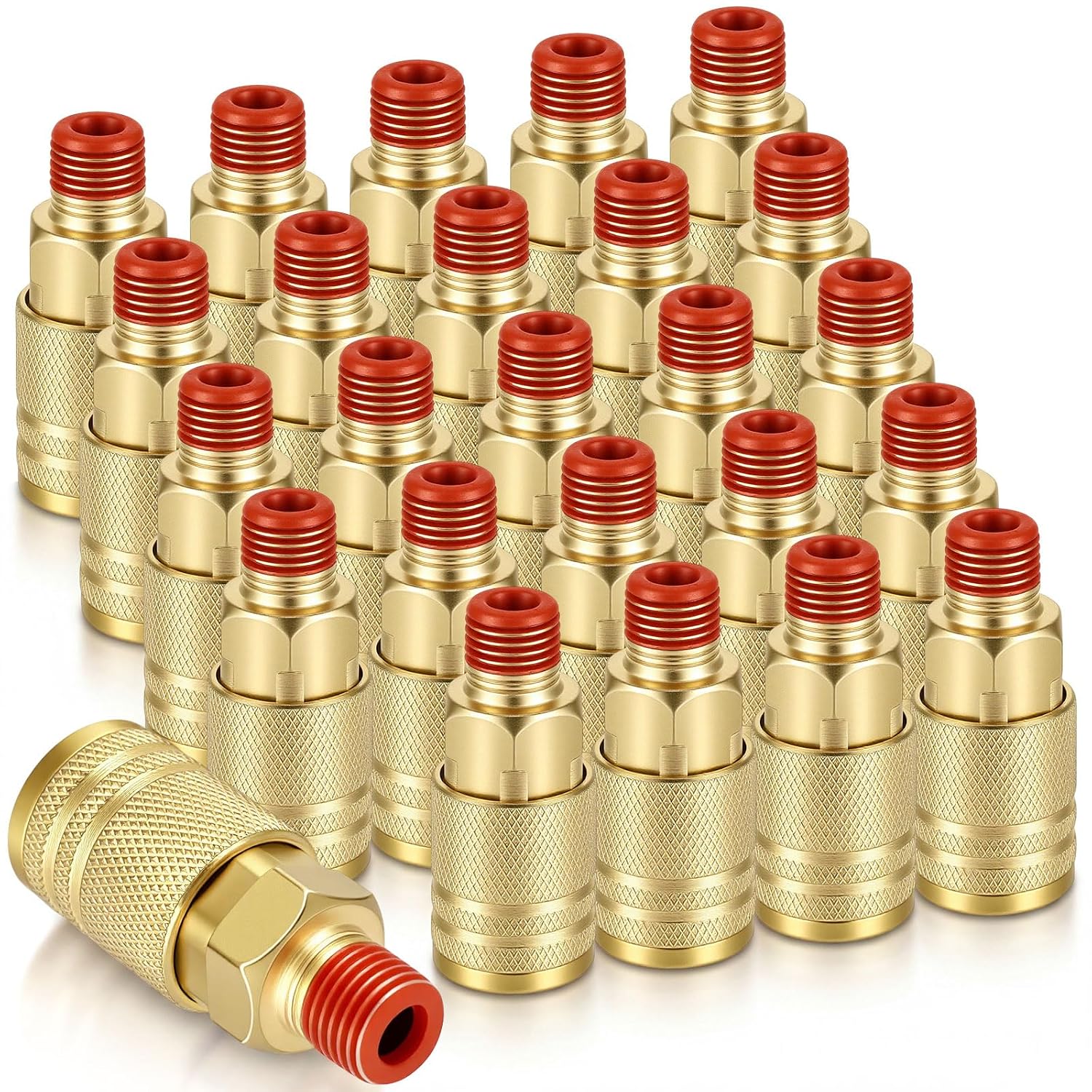 25 Pcs 1/4 Inch Brass Male Industrial Coupler, 1/4 NPT Air Quick Connect Fittings, Air Hose Connectors with Sealant for Professional Construction Sites and Car Repair Shops