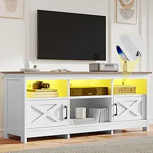 DWVO TV Stand for up to 65 Inch TV, Entertainment Center with Storage, TV Cabinet with Power Outlet & LED Light Strip, Media Console Television Stands for Living Room, White & Walnut