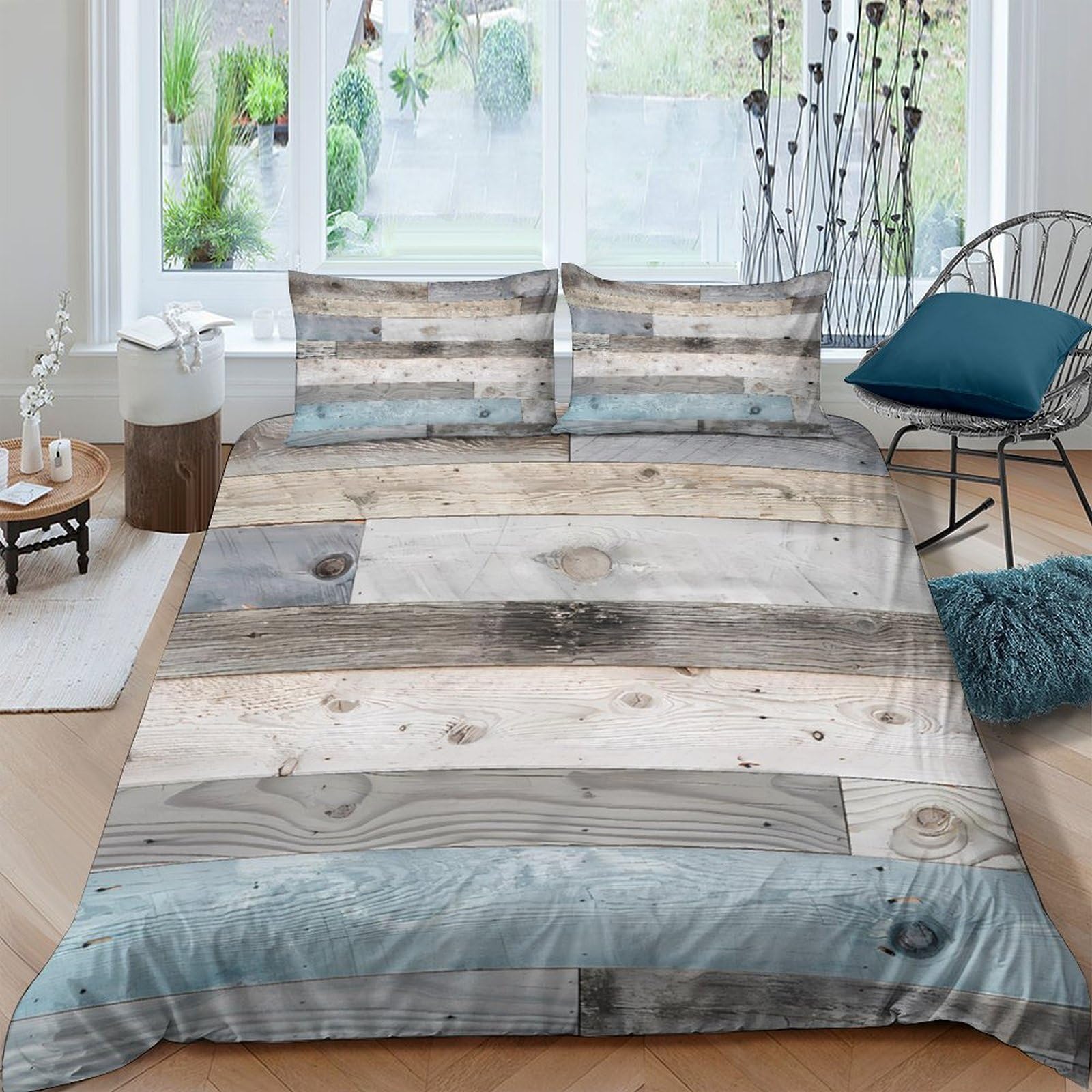 Ctjqhvkz Style-7 3D Printed Rustic Wood Fitted Sheet Microfiber Soft Breathable Blue Grey Plank Mattress Cover Bedroom Decor Protection Single（135X200cm）