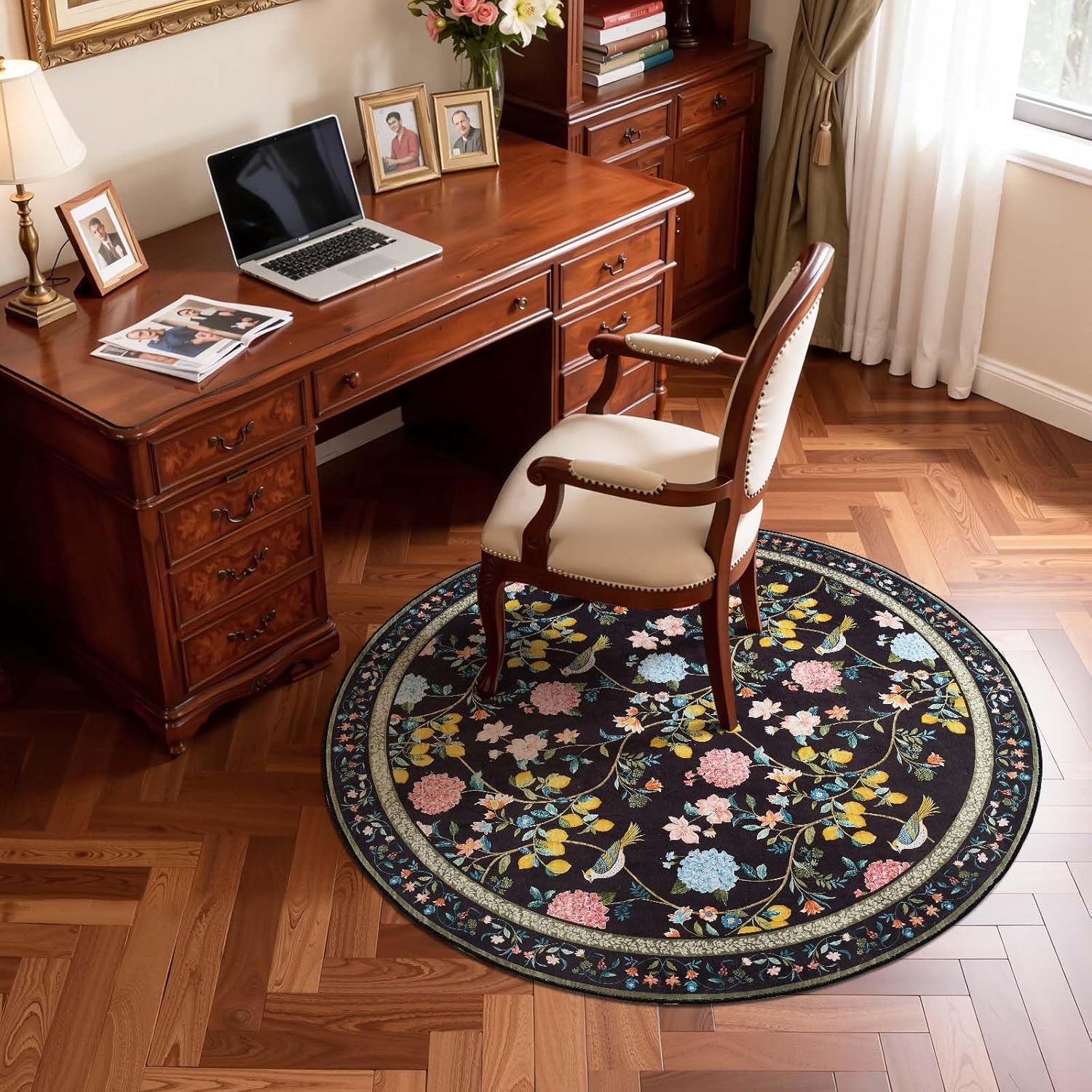 jinchan Floral Round Rug 4ft, Soft Non Slip Small Rugs Washable, Indoor Circel Bathroom Low Pile Chinoiserie Throw Carpet for Entryway, Bedroom Door Mat Kitchen Decor, Black